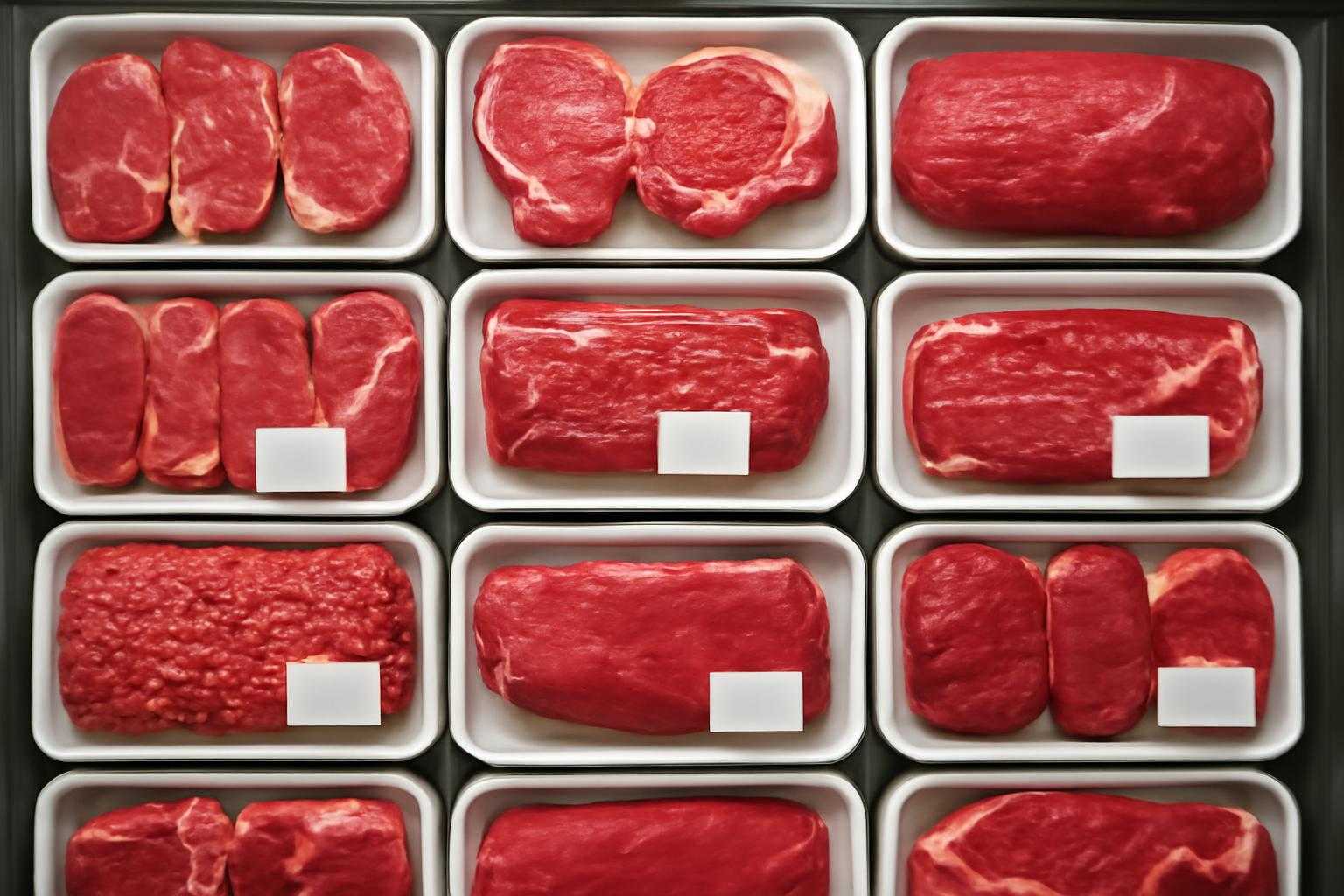 スーパーの精肉コーナーで牛肉を選ぶ様子を上から見た構図