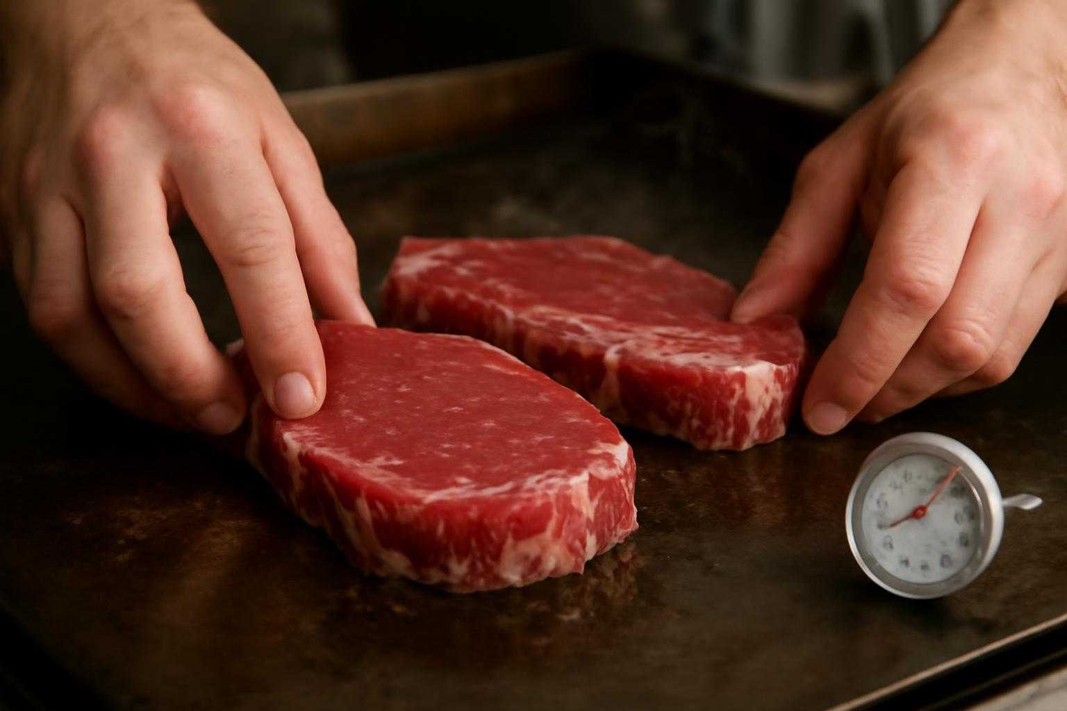 新鮮な牛肉を選んで、焼き加減を確認しながら調理している手元