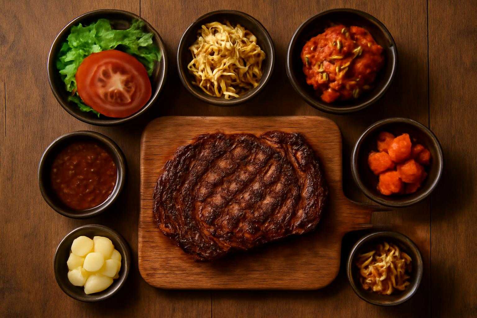焼肉用のイチボ肉とタレ、野菜が並んだテーブルセッティング