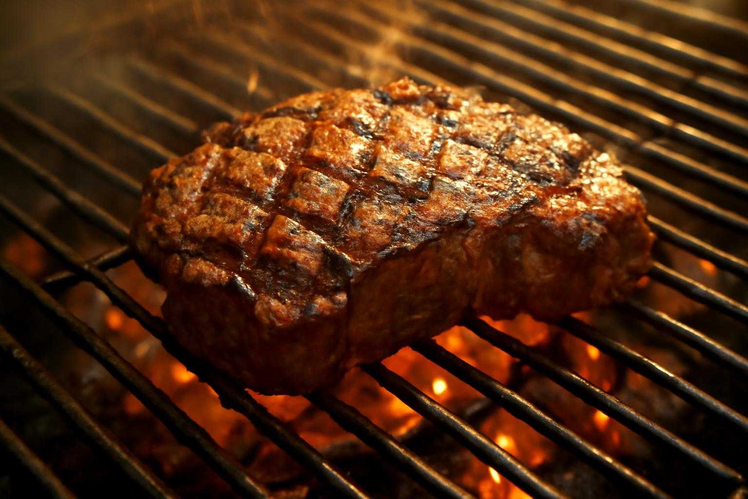 焼肉用の網の上でイチボを焼いている調理中の様子