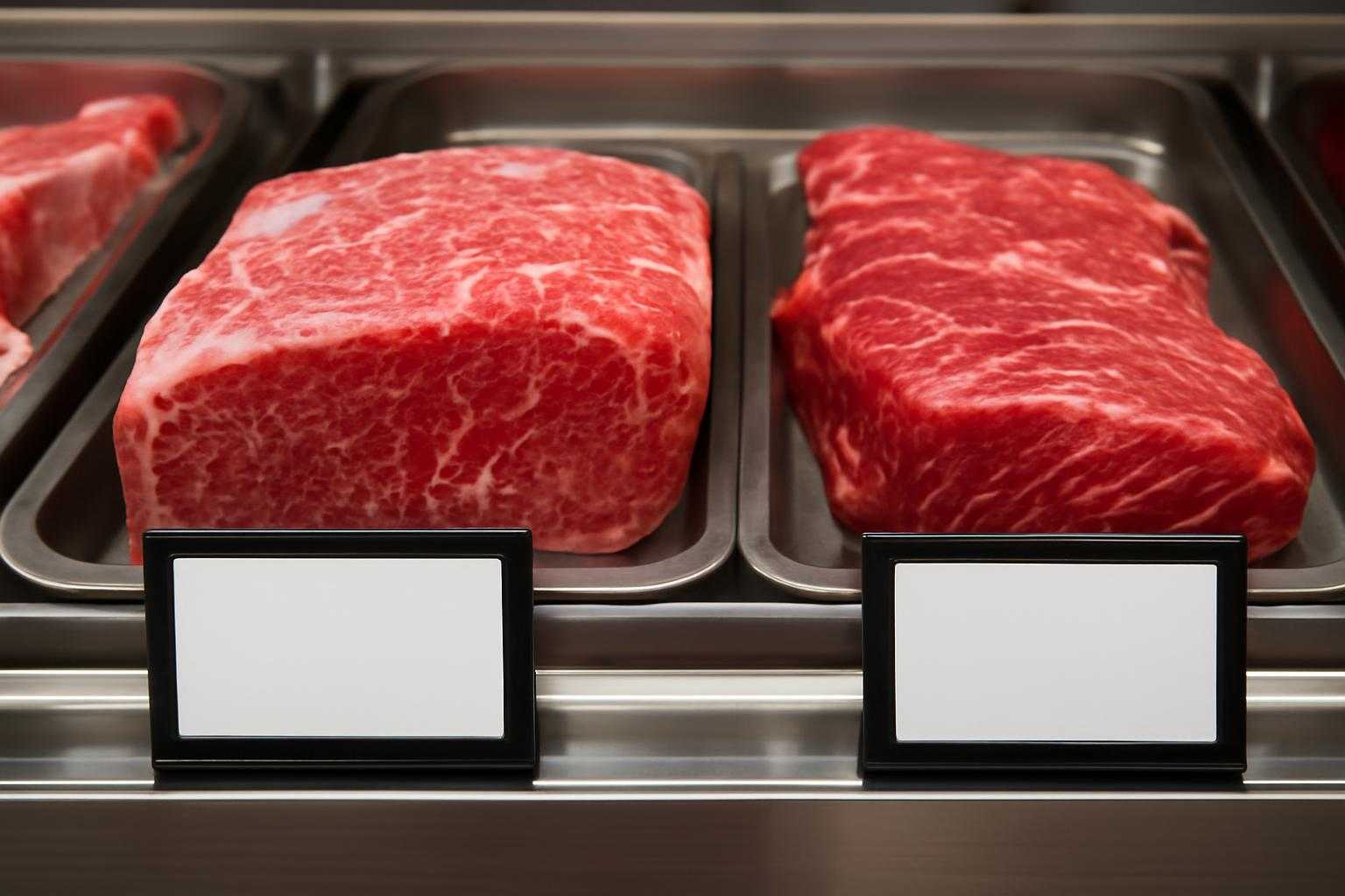 精肉店のカウンターに並ぶカイノミとハラミの部位を比較表示