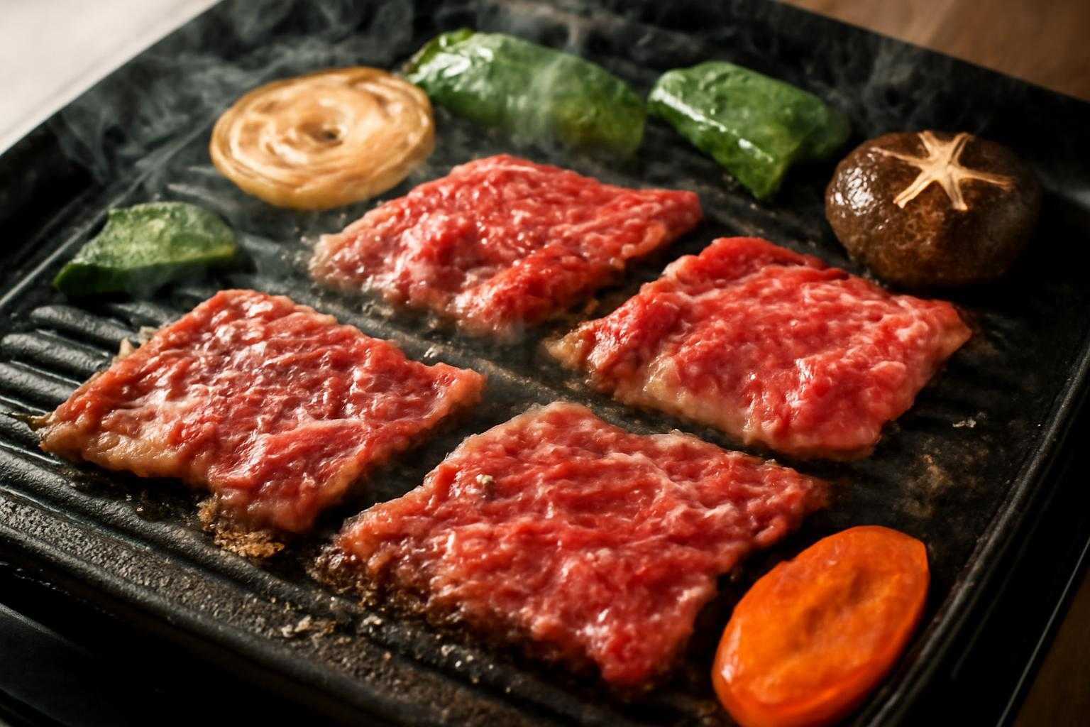 焼き肉用の牛肉をホットプレートで焼いている調理風景