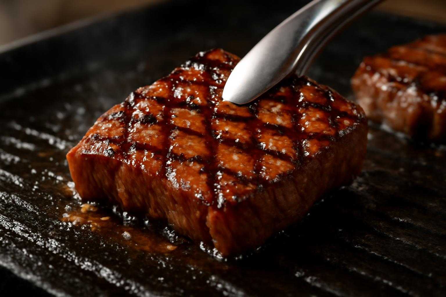 焼肉用の火ばさみでザブトンを焼いている様子