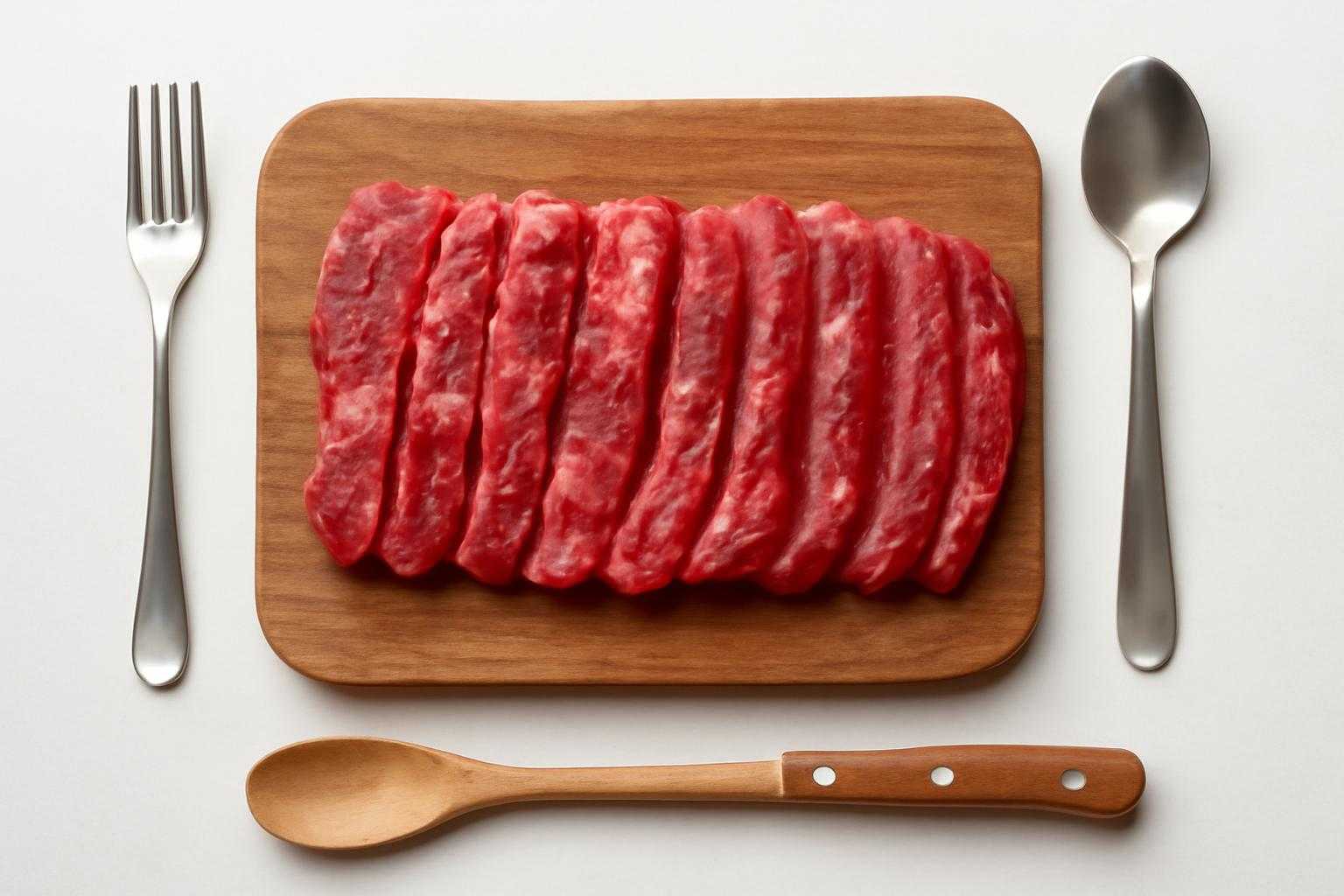 まな板の上にザブトン肉をのせ調理準備をしている
