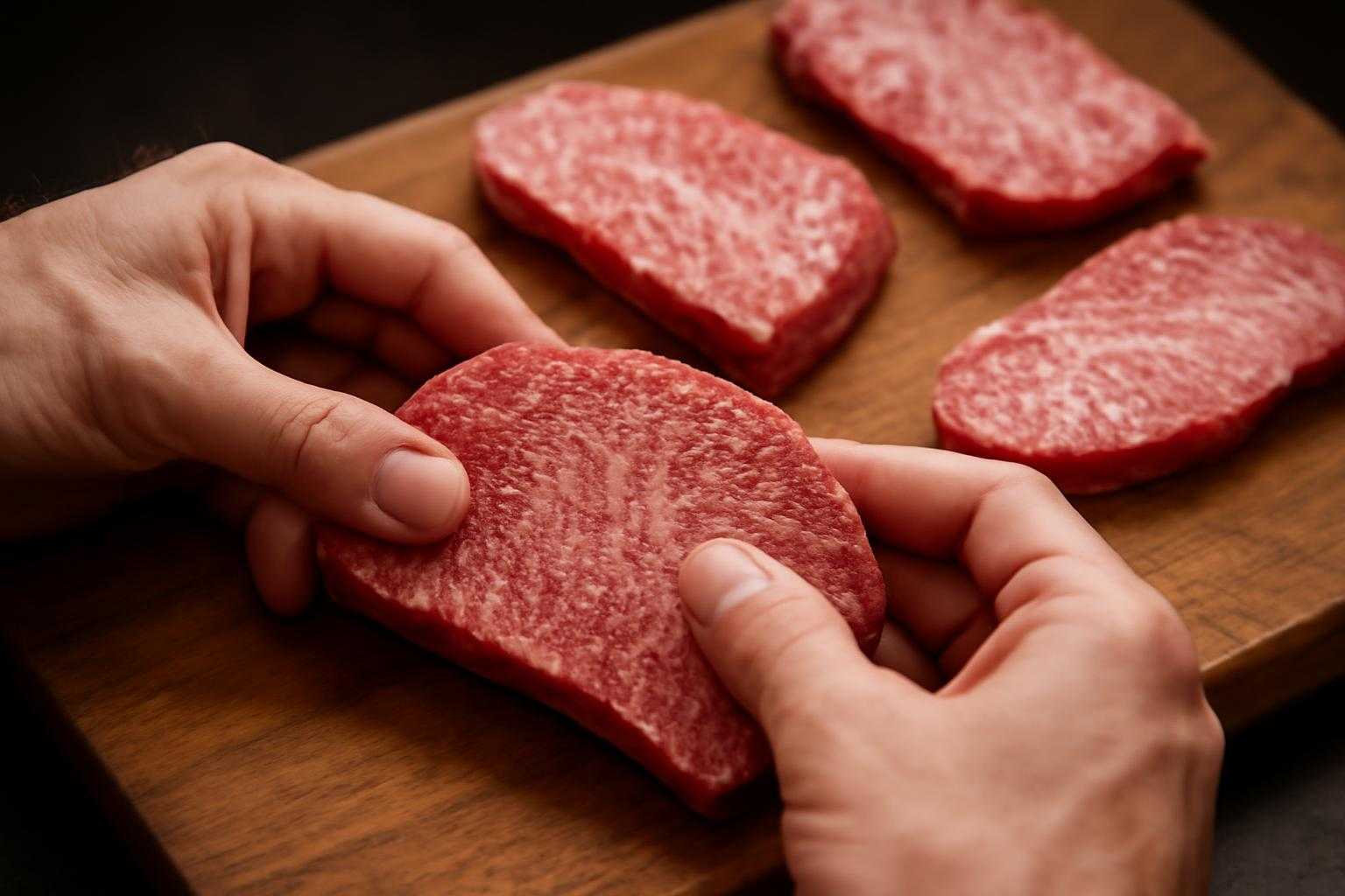 新鮮なとうがらし牛肉を手に取って選別している様子