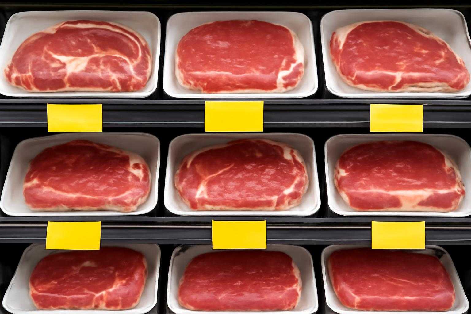 スーパーの精肉コーナーで牛肉のラベルや値札を確認している様子