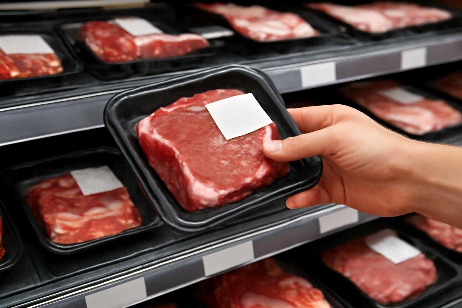 スーパーのお肉コーナーで交雑牛のパッケージを確認している場面