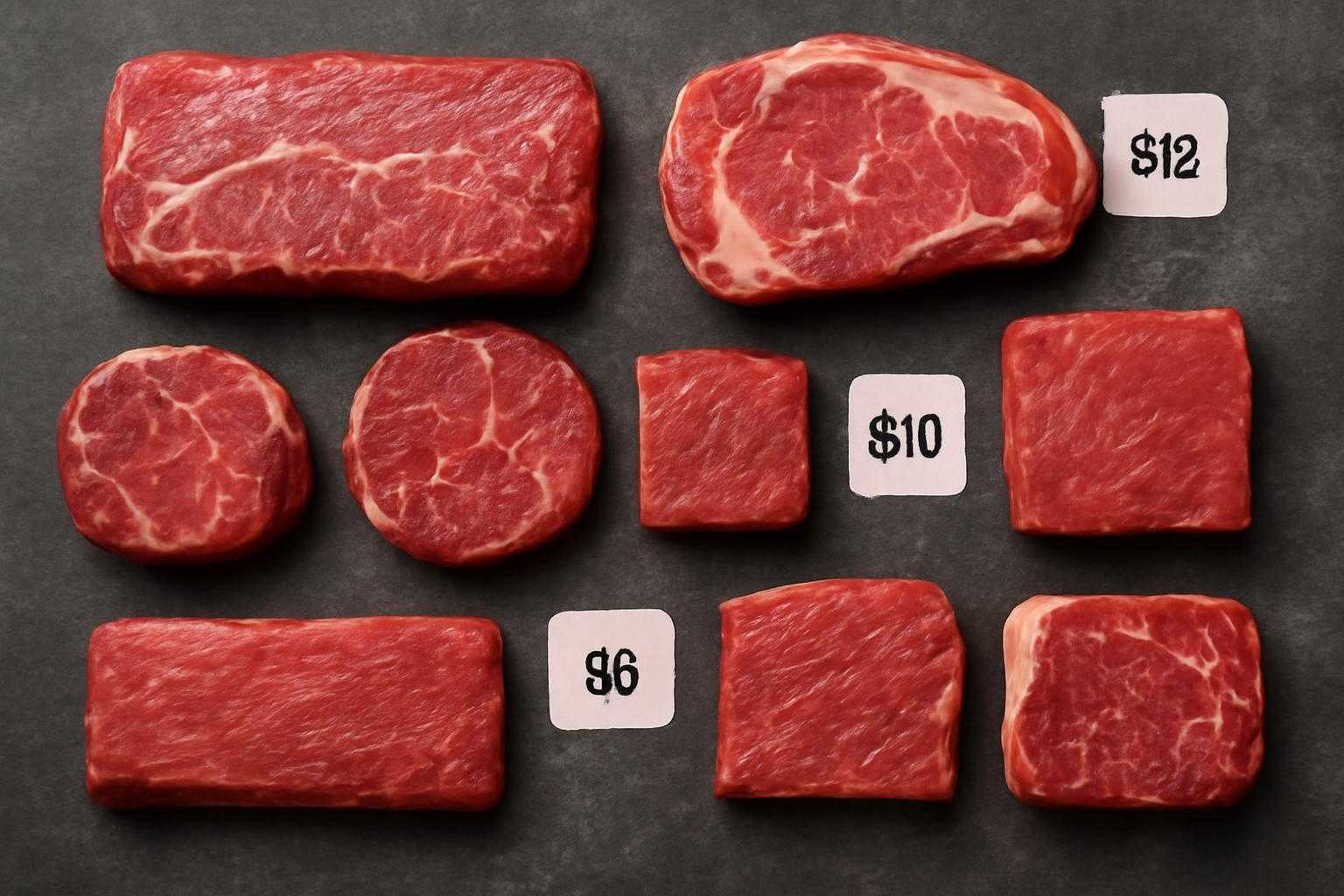 スーパーの肉売り場で、異なる種類の牛肉パックを比較検討している様子