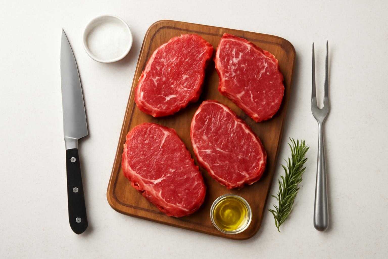 焼く前の牛肉を下準備している、常温に戻した状態の肉と調理道具