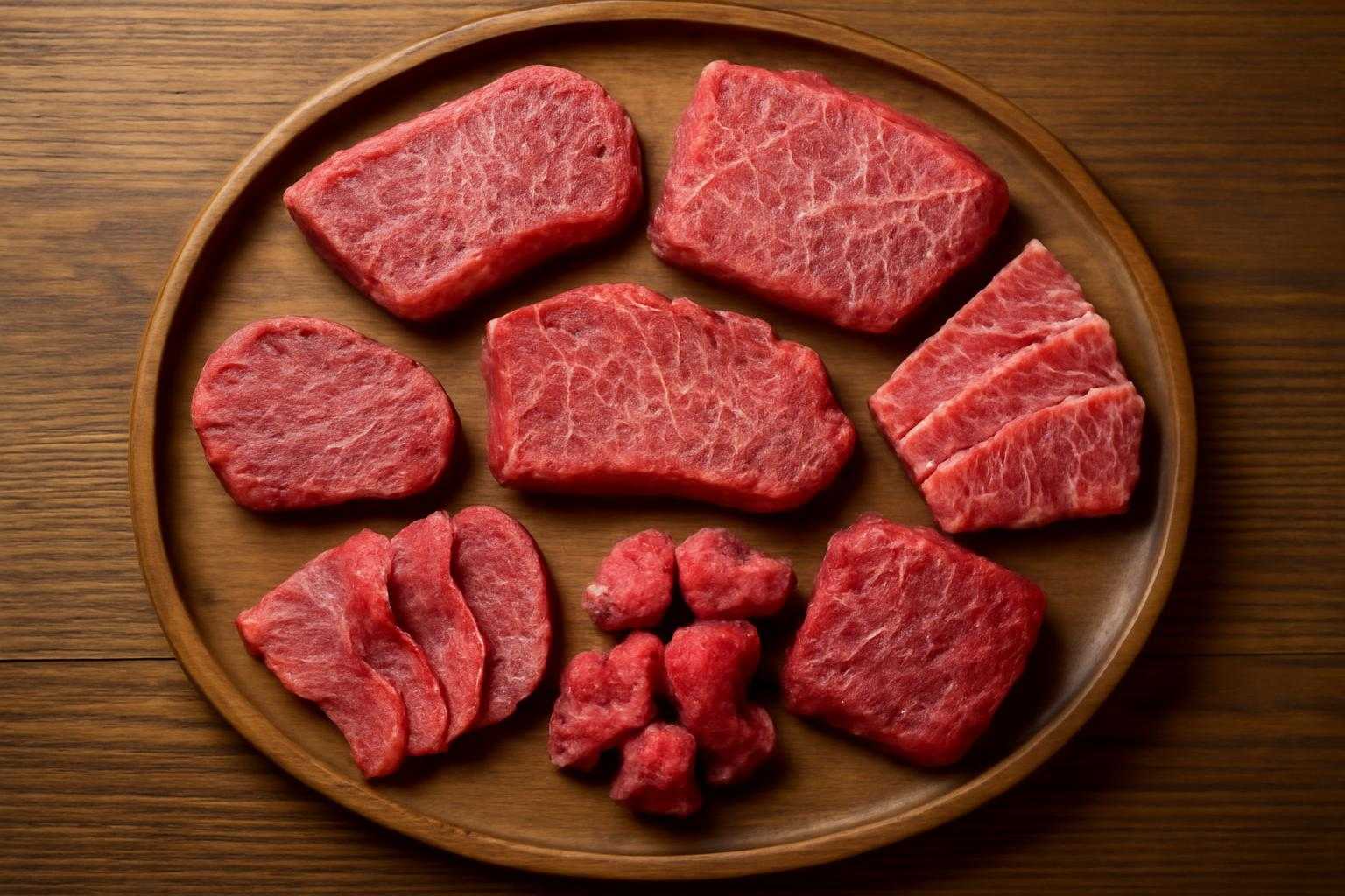 焼肉店のテーブルに並んだ様々な赤身部位の盛り合わせ