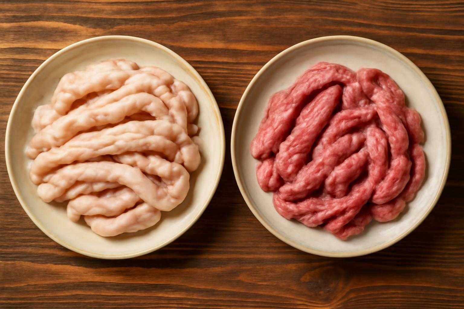 焼肉店のテーブルで、シマチョウとテッチャンが皿に盛られている選択場面