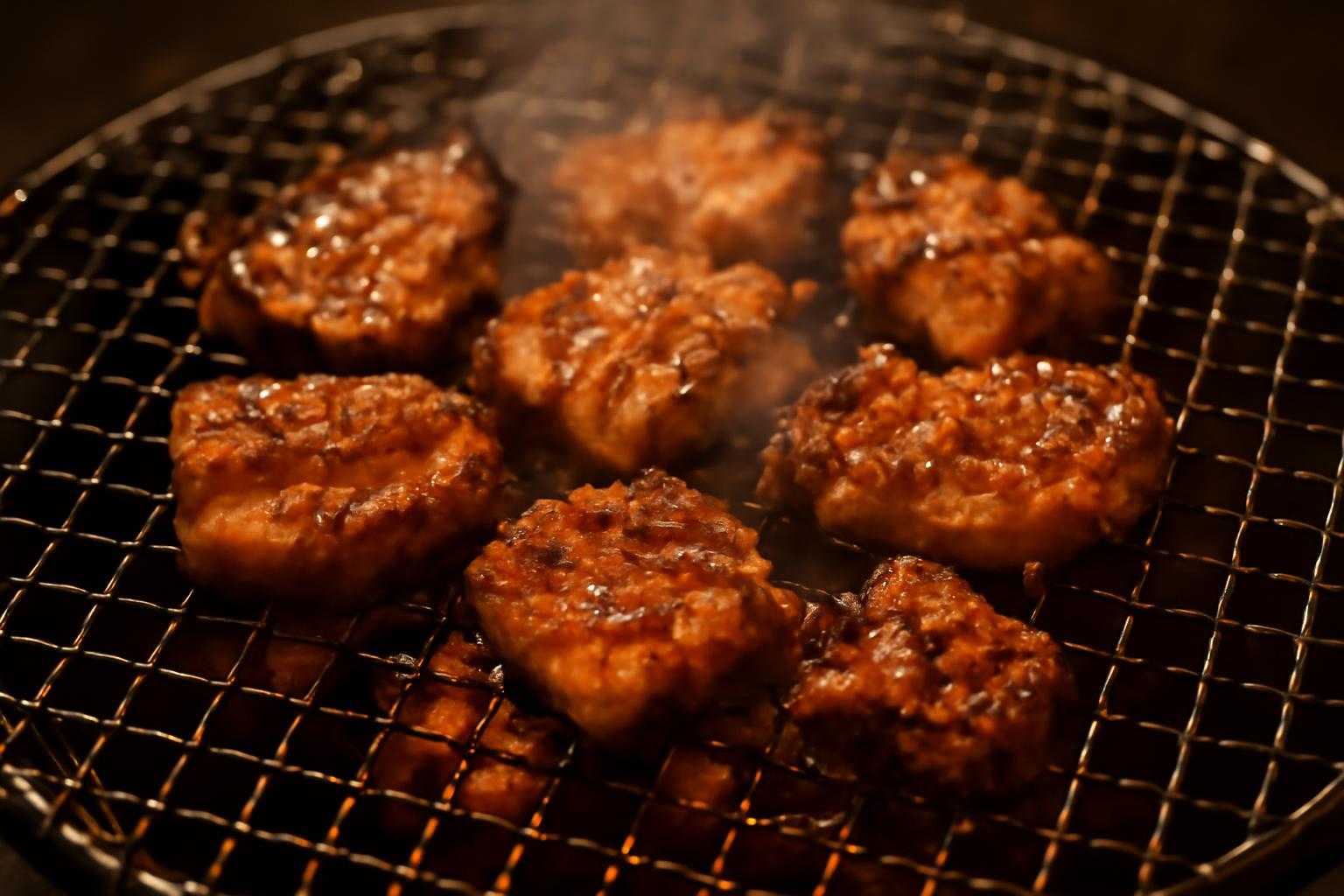 焼肉用の網の上で焼かれているミノと上ミノ