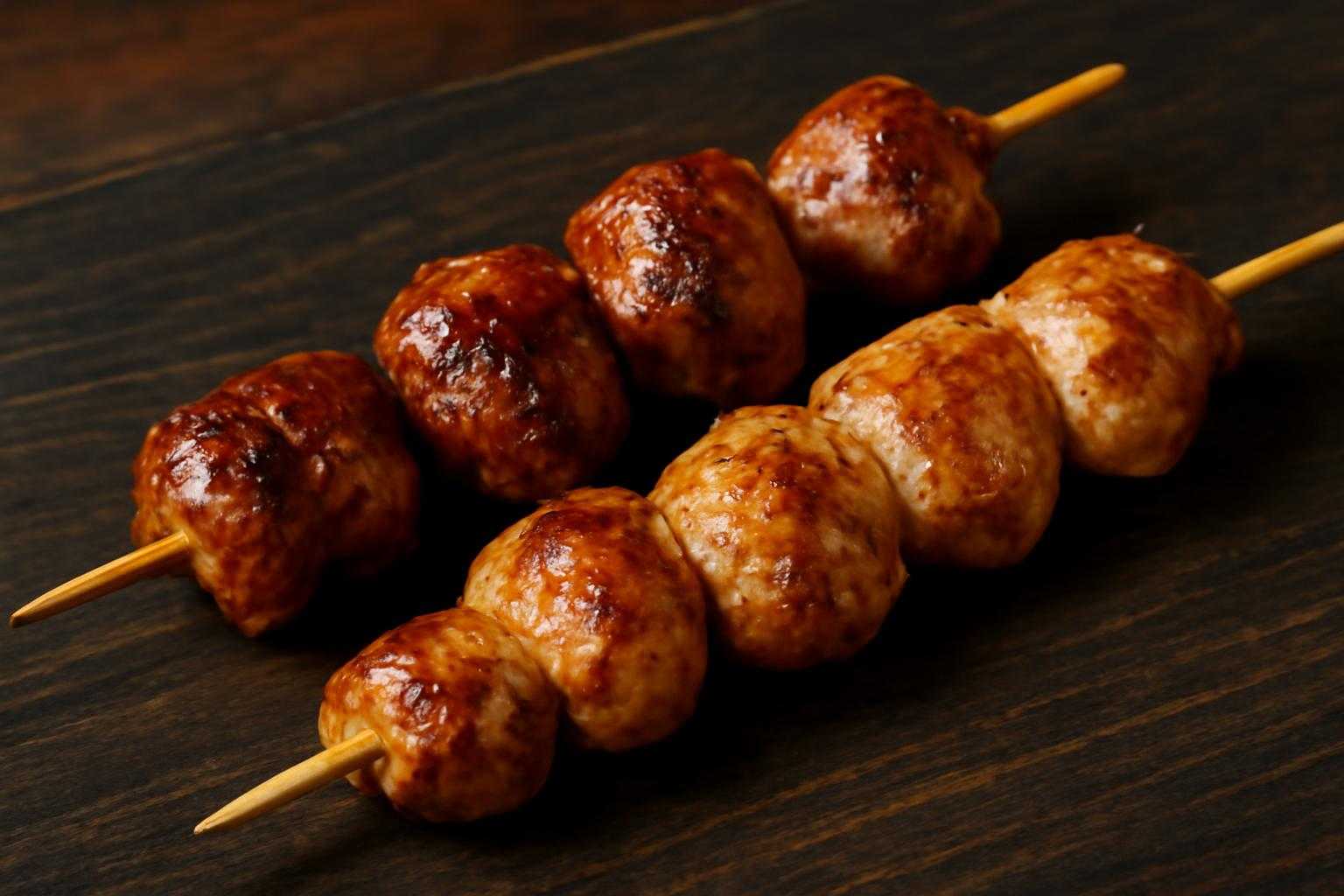 焼き鳥の串に刺さったハツとハツモトの部位を比較する画像