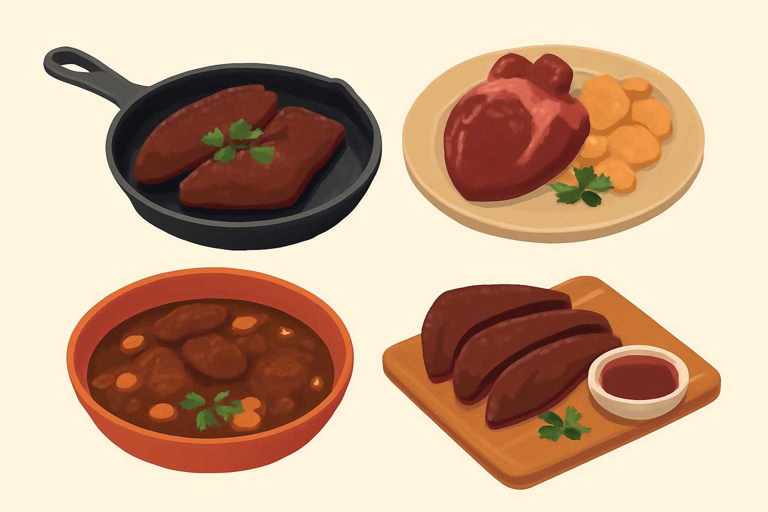 レバーとハツの料理方法と食べ方を示すイラスト