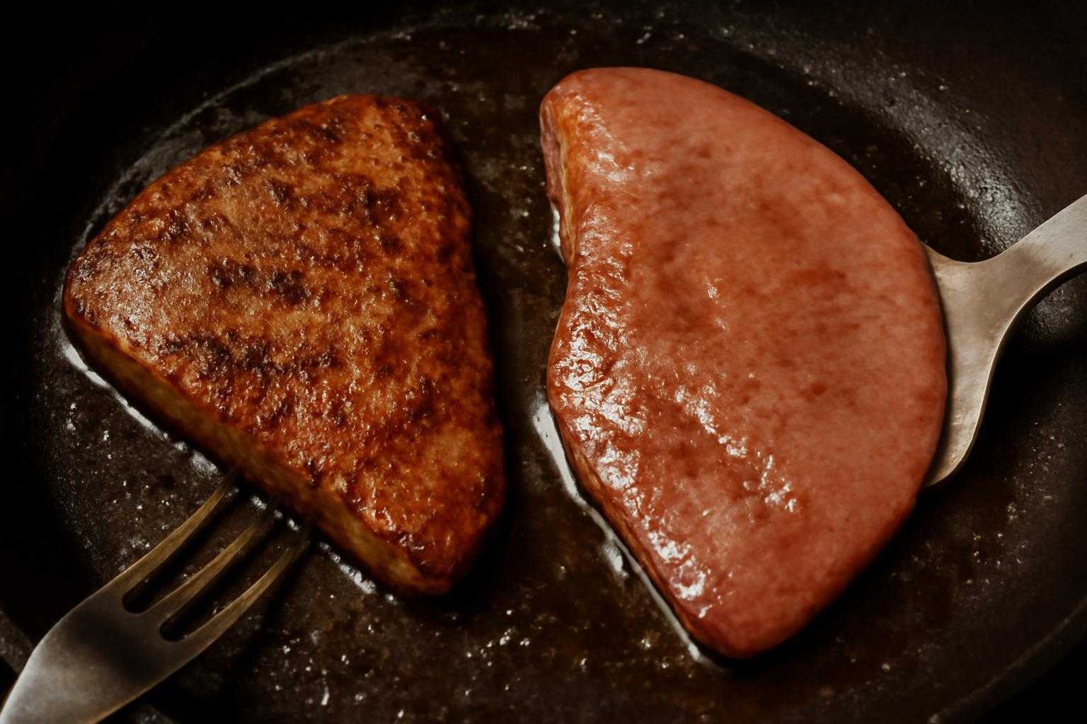 フライパンで牛レバーと豚レバーを焼き比べている調理シーン
