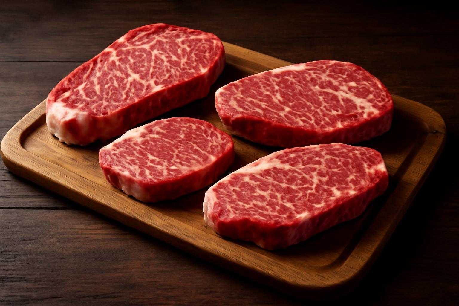 霜降りの入ったステーキ用の牛肉をまな板の上に置いた様子
