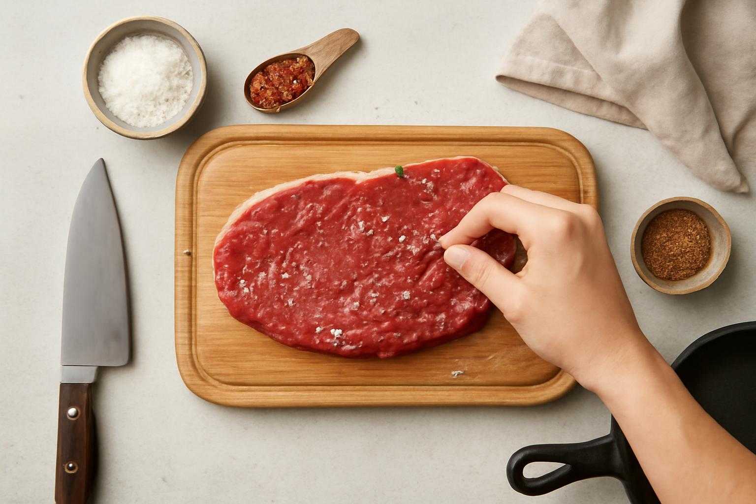 牛肉を塩漬けにしたり調味料を振りかけている調理準備の風景