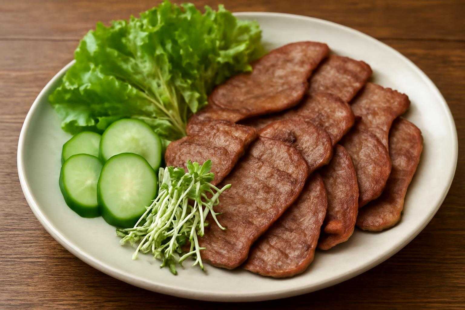 野菜と一緒に盛られた焼いた牛タンの食事風景