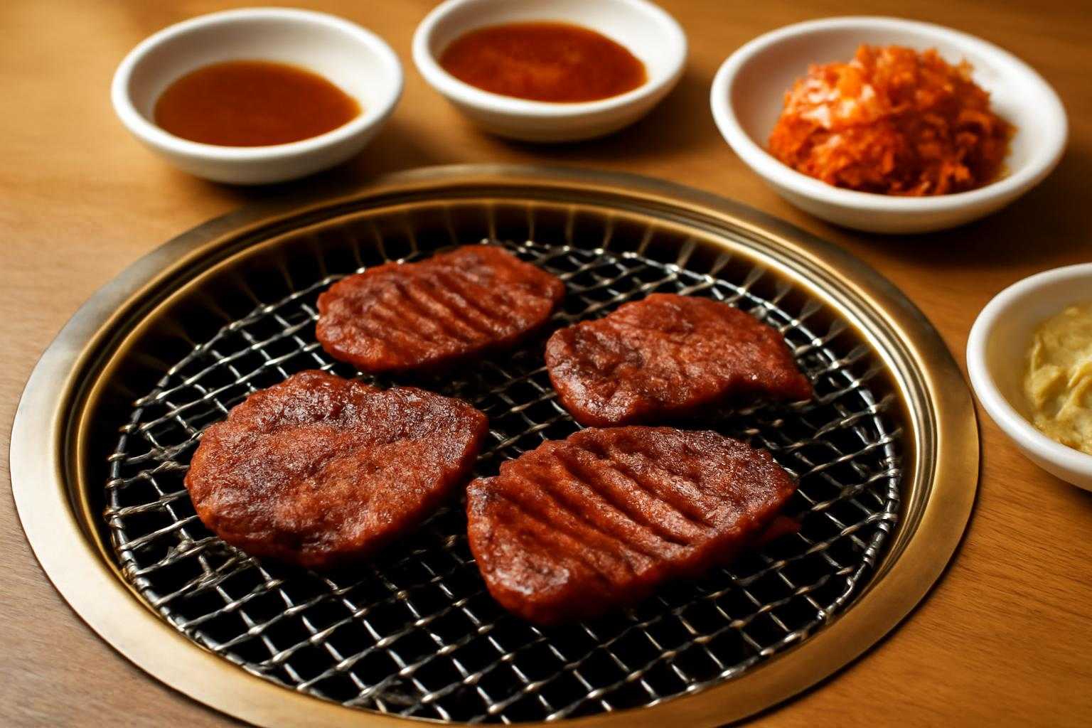 焼肉店のテーブルに置かれた牛タンと調味料のセット