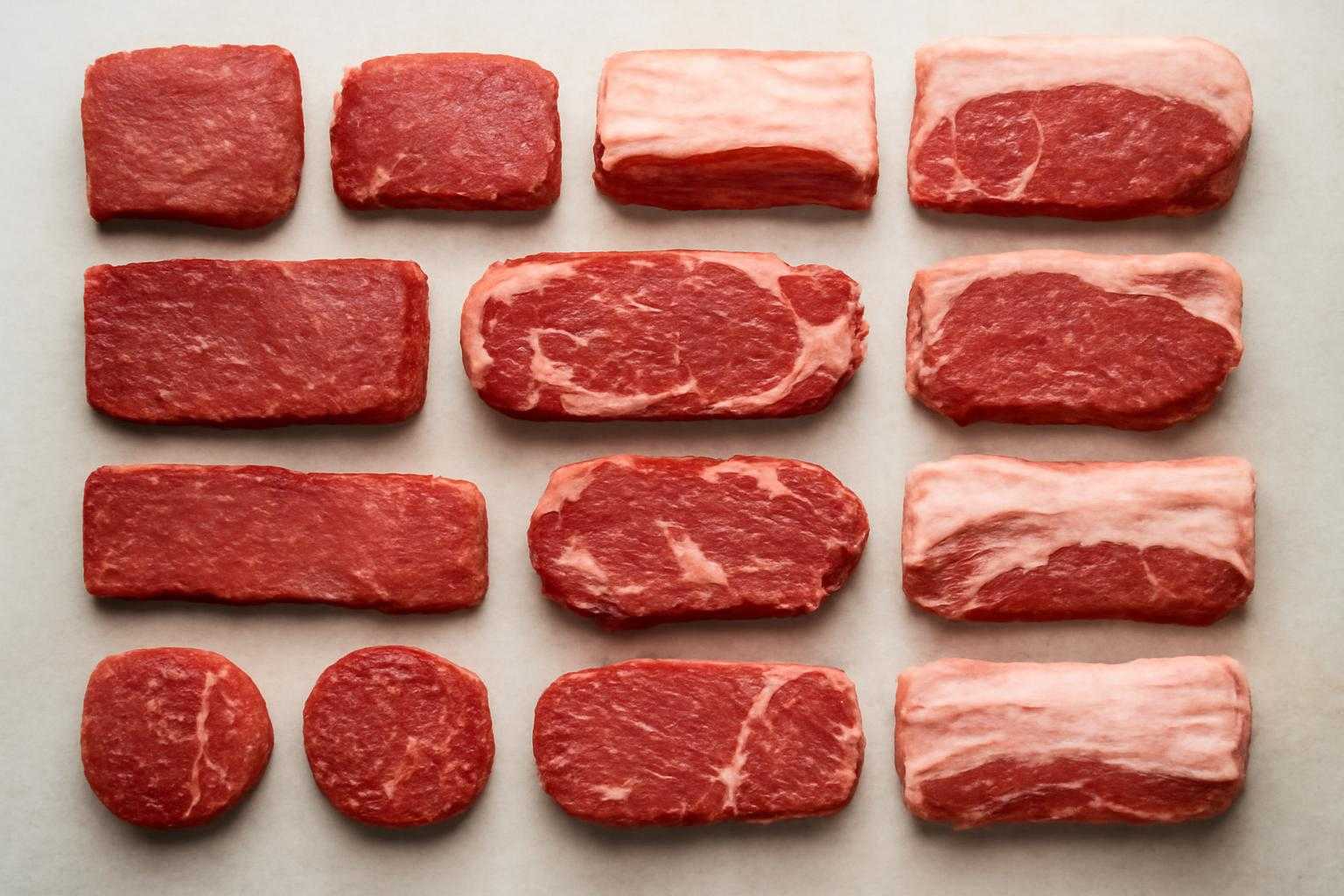 牛肉の様々な部位が並べられた比較画像
