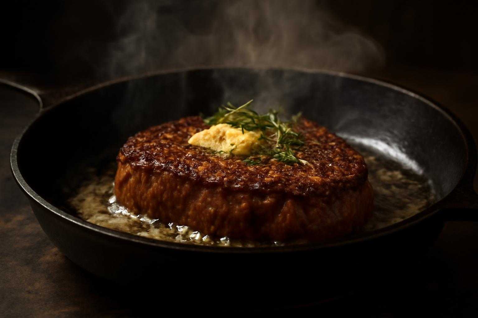 ステーキを焼く調理プロセスを表現した鍋とビーフのシーン