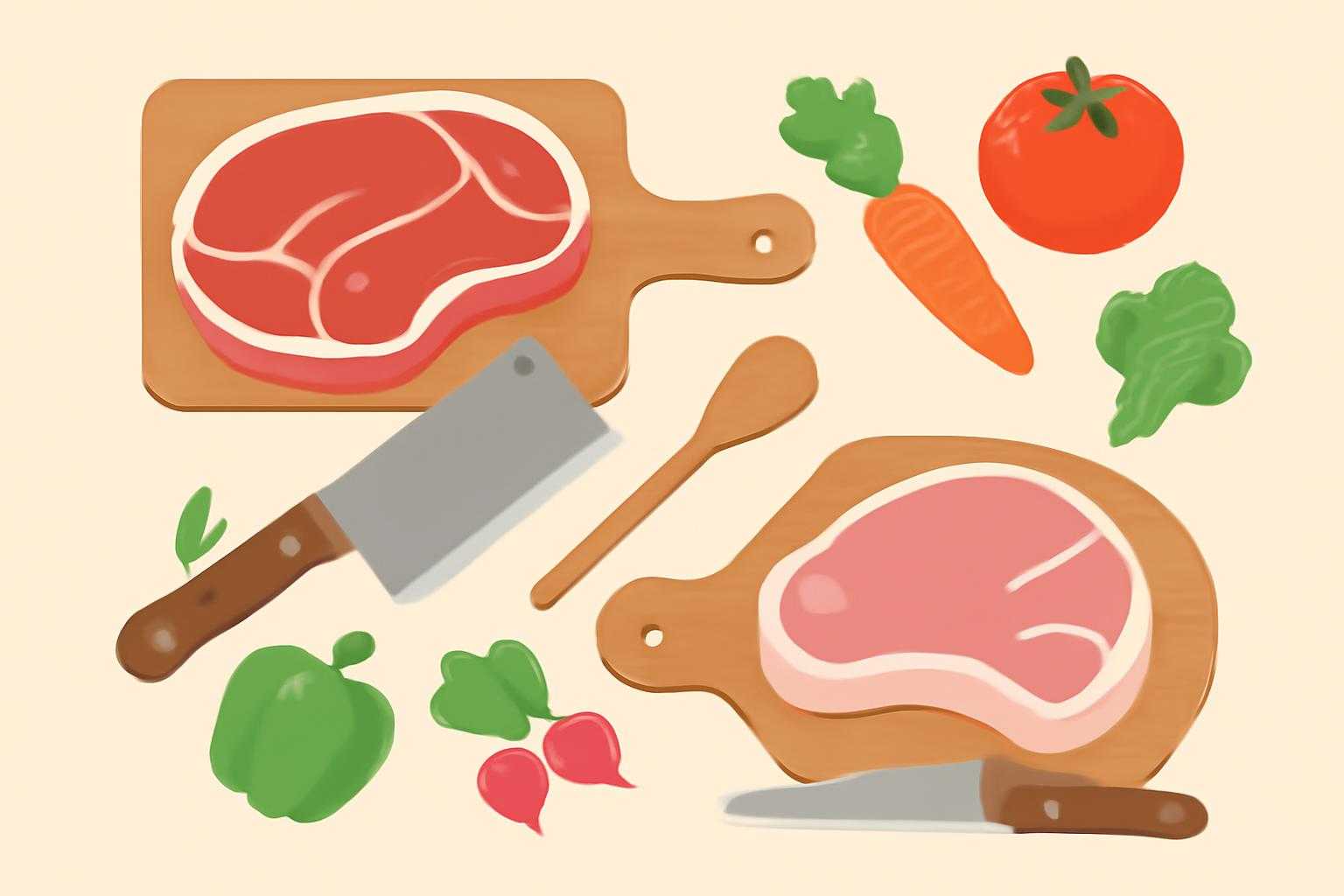 新鮮な牛肉と豚肉を調理する過程を表したシンプルなイラスト