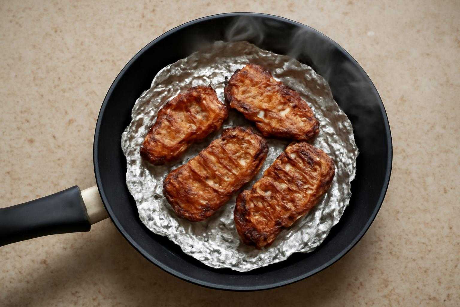 フライパンに敷いたアルミホイルの上で肉を焼いている調理風景