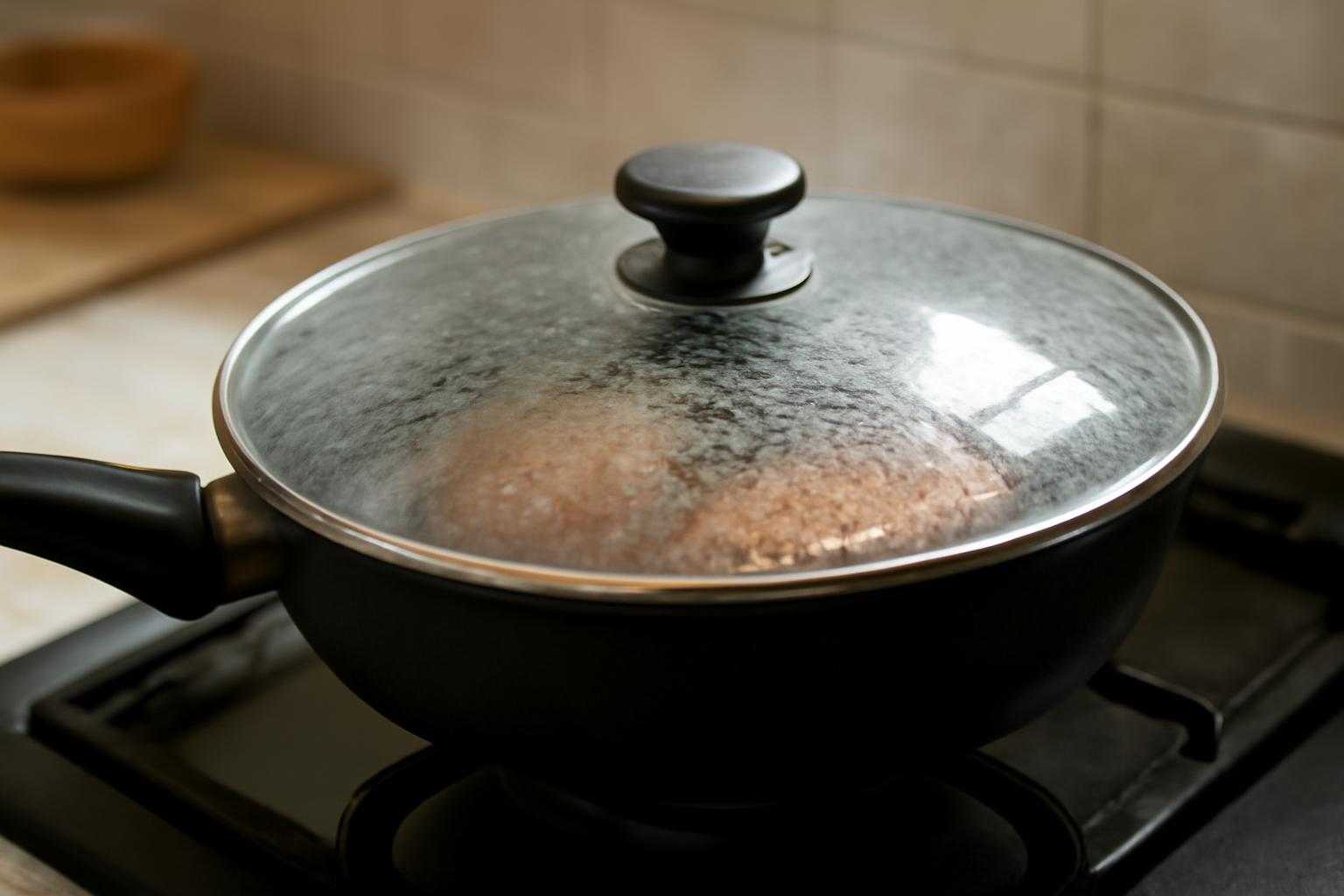 油はねや煙を防ぐため蓋をしたフライパンの調理シーン