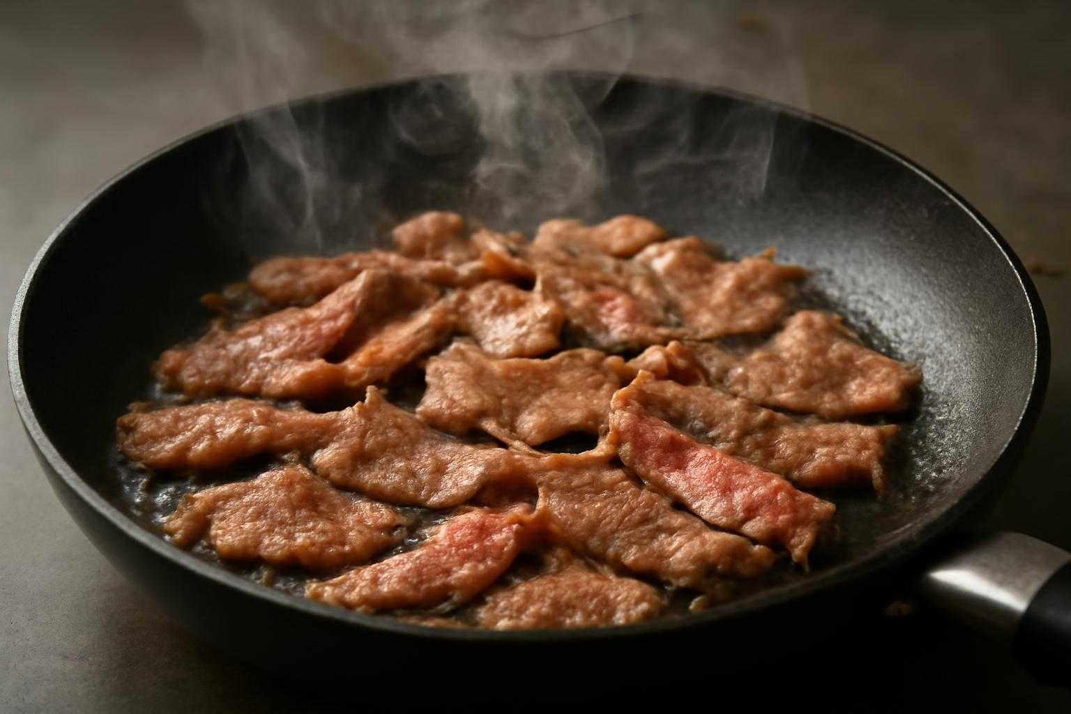 フライパンで焼肉を焼いている調理風景