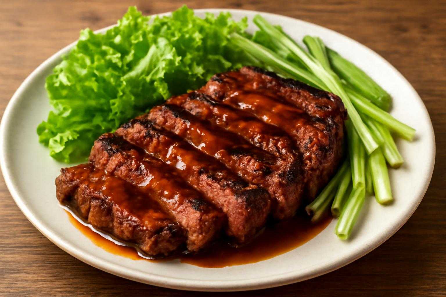 焼肉にタレをかけ野菜を添えた完成料理