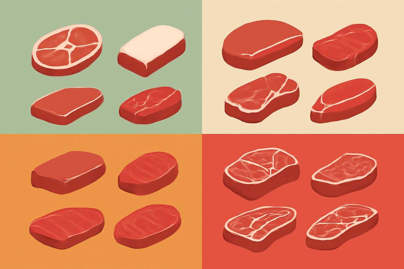 牛肉の様々な部位を色分けして分類した図解