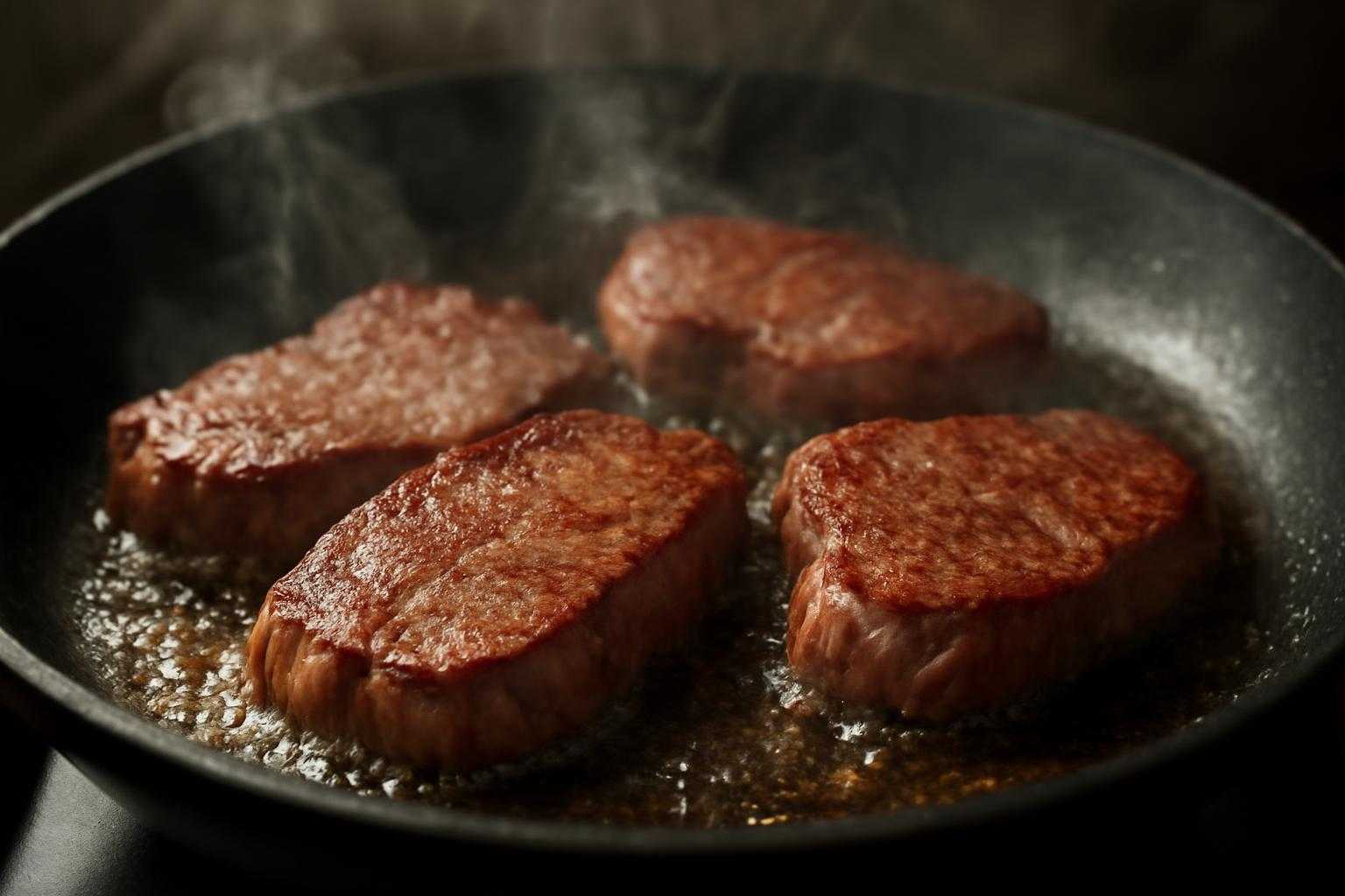 フライパンで焼肉を焼いている様子。火加減と焼き加減の調整の場面
