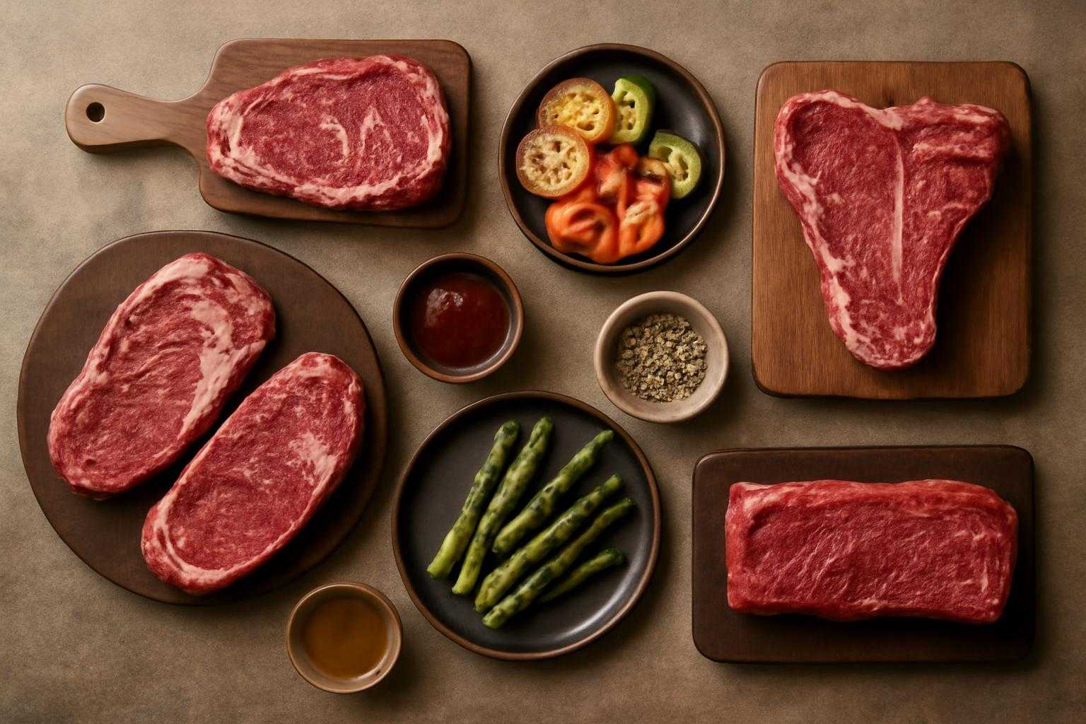 焼肉用の肉とタレ、野菜などの食材が並べられた調理前の準備風景