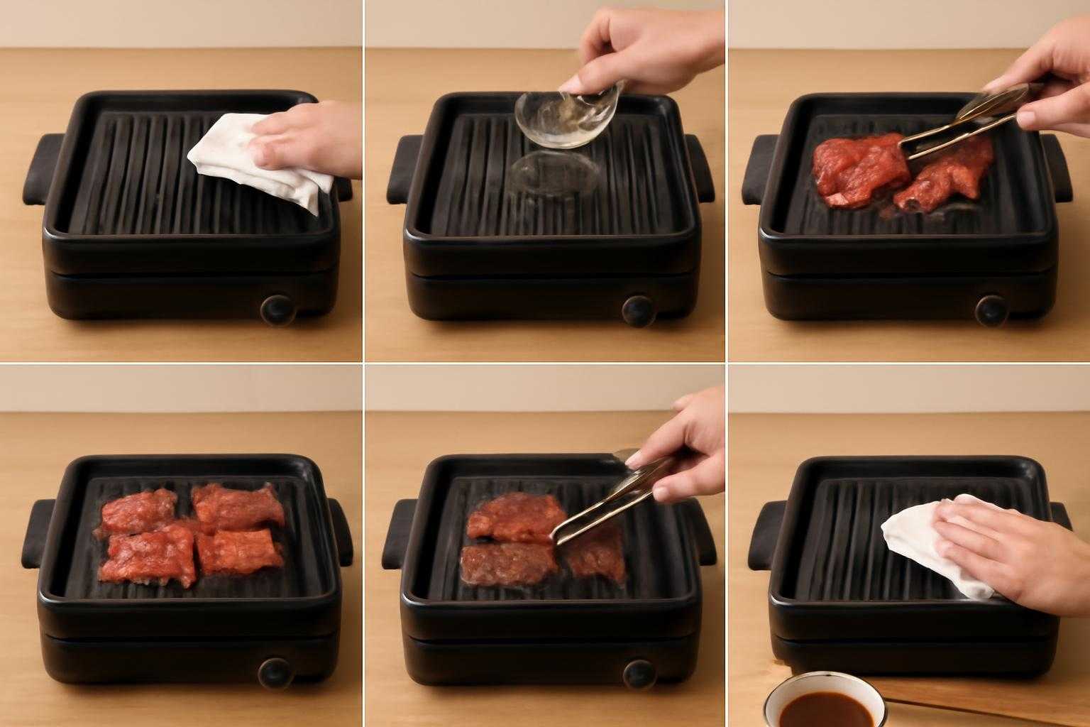 ホットプレートでの焼肉調理から後片づけまでの流れを示すステップバイステップガイド