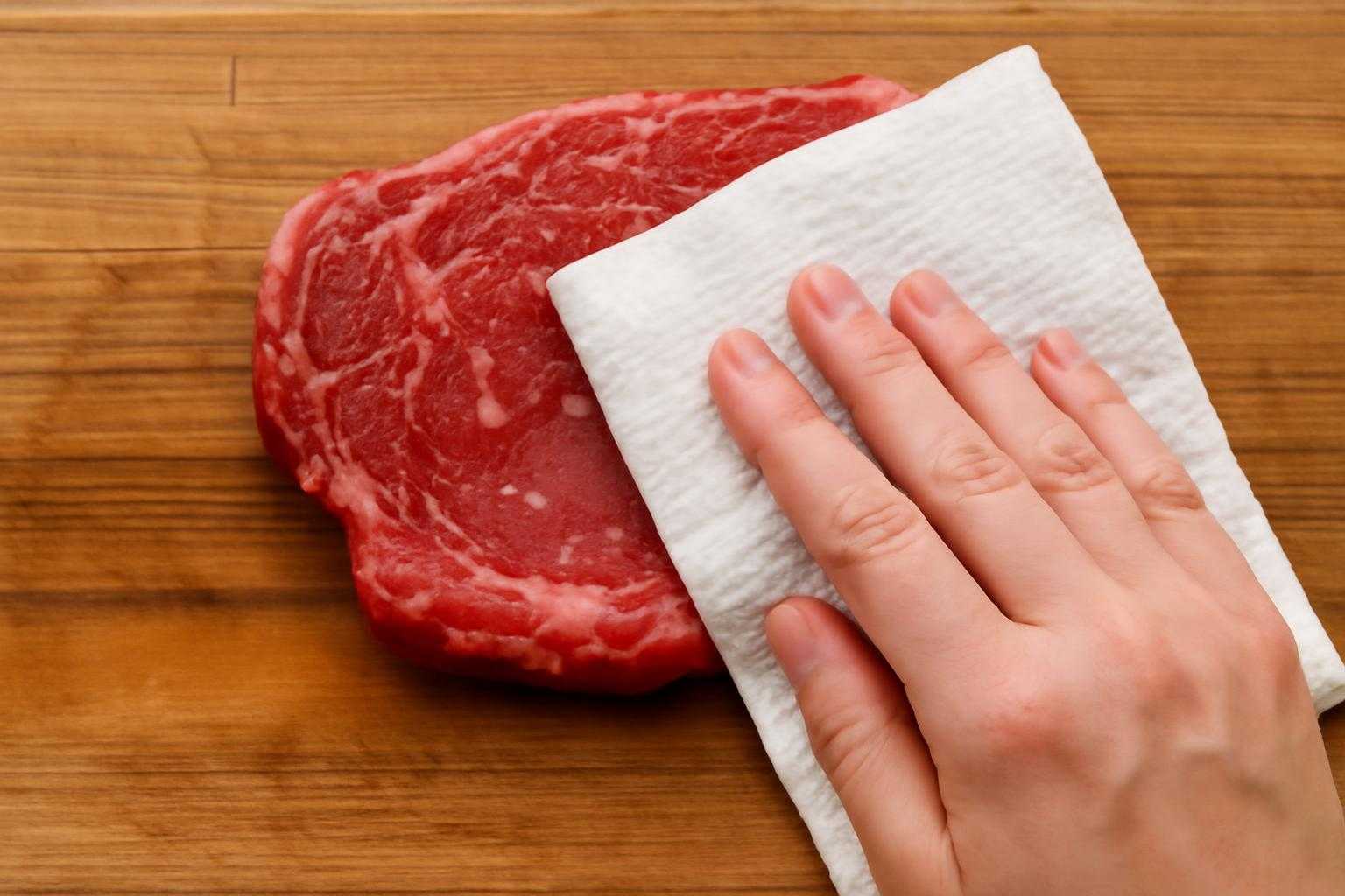 キッチンペーパーで肉の水分を拭き取っている様子