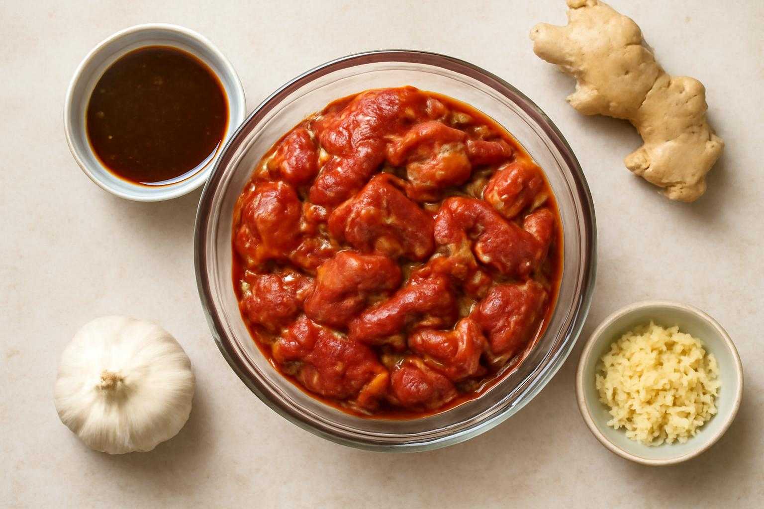 焼肉のたれに漬け込まれた肉と調味料の材料
