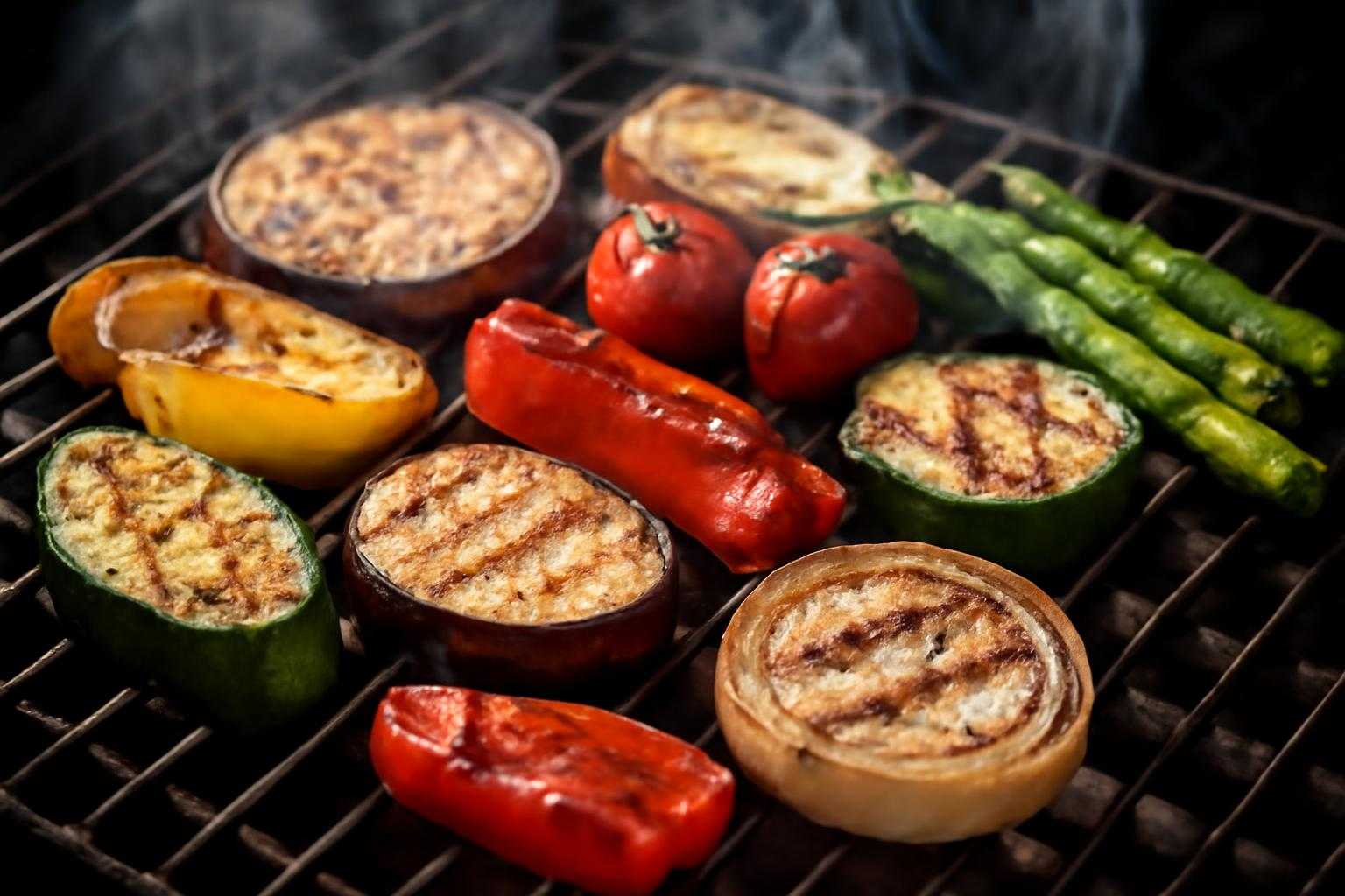 焼肉用の野菜を焼き網の上で焼いている調理風景