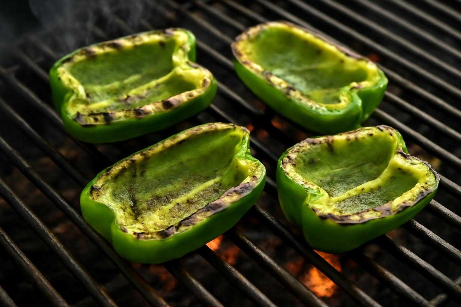焼肉用に半分に切られたピーマンが焼き網の上で焼かれている
