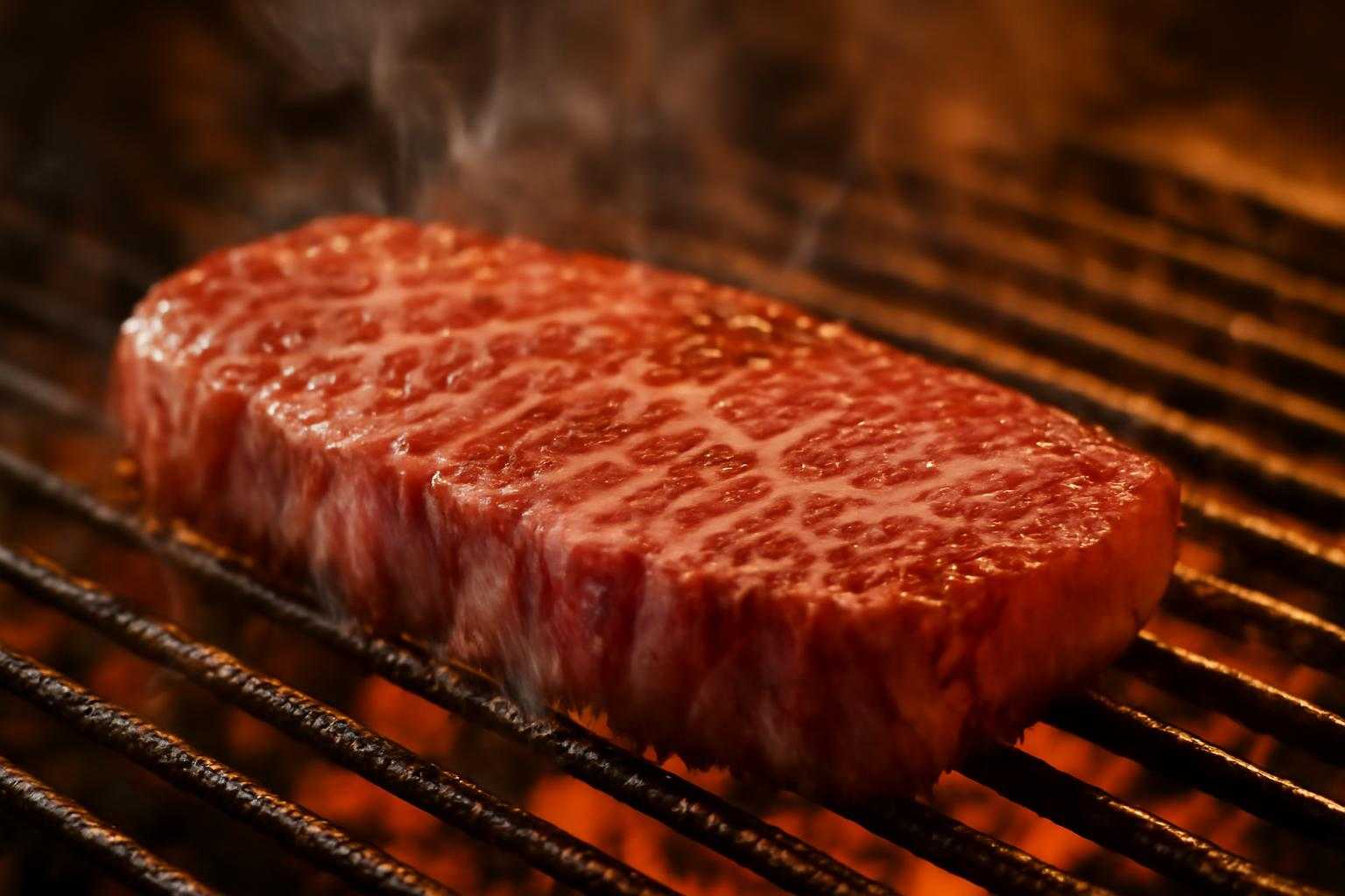 焼き網の上でカイノミが焼かれている様子。煙が立ち上っている。
