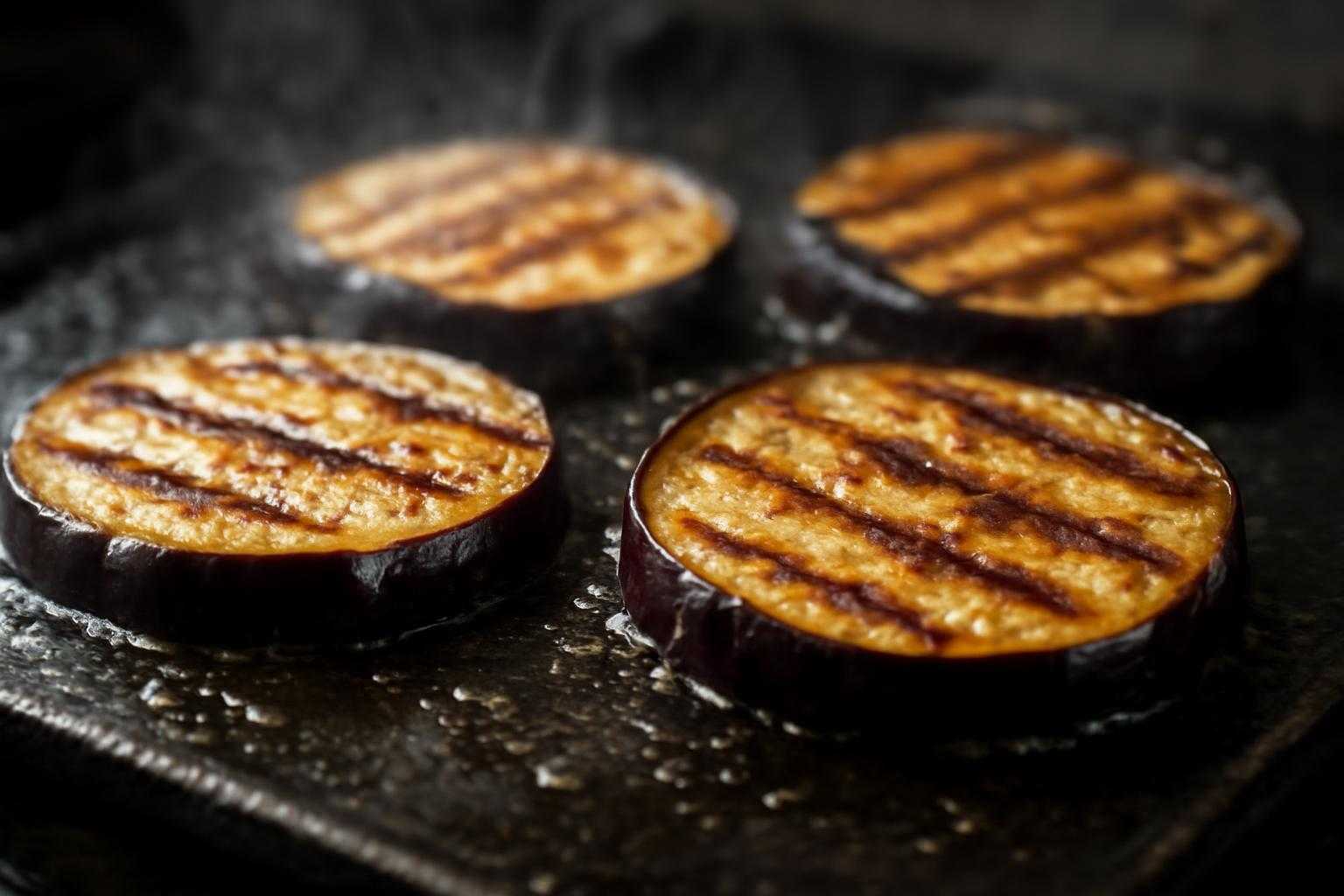 焼肉用のなすを高温の鉄板に油をひいて焼いている様子