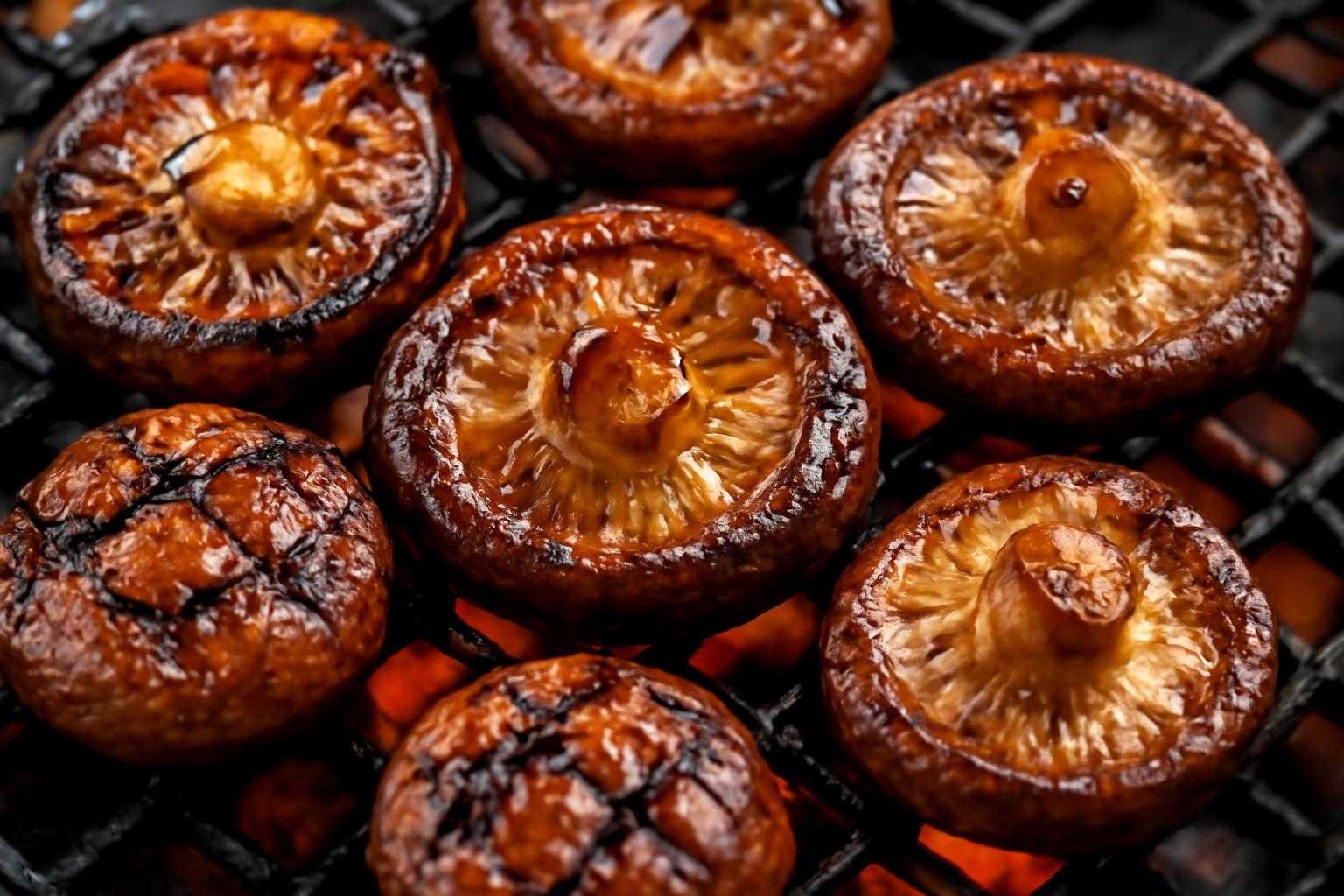 焼肉の網の上に乗ったしいたけが焼かれている様子