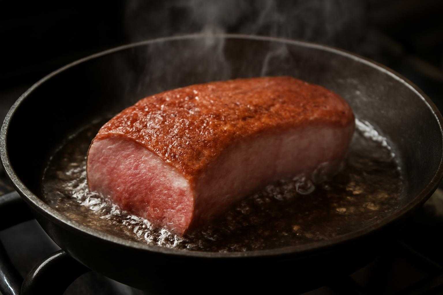 フライパンで厚切り牛タンを焼いている調理風景
