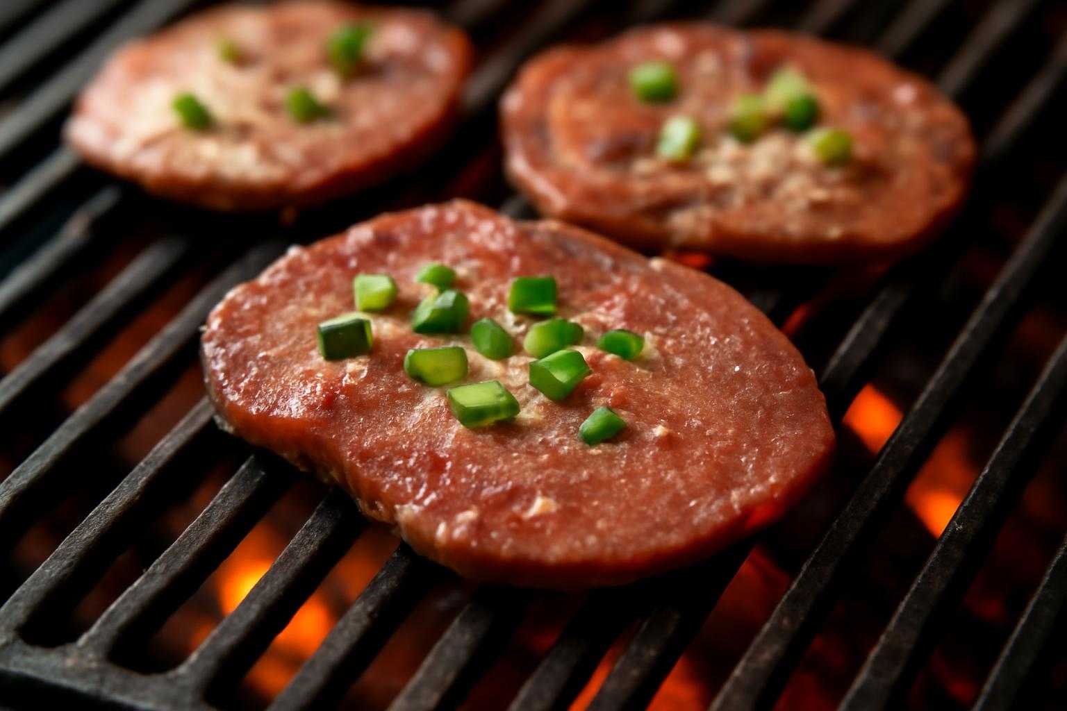 焼き網の上で美しく焼かれた薄切り牛タンにネギ塩がかかっている