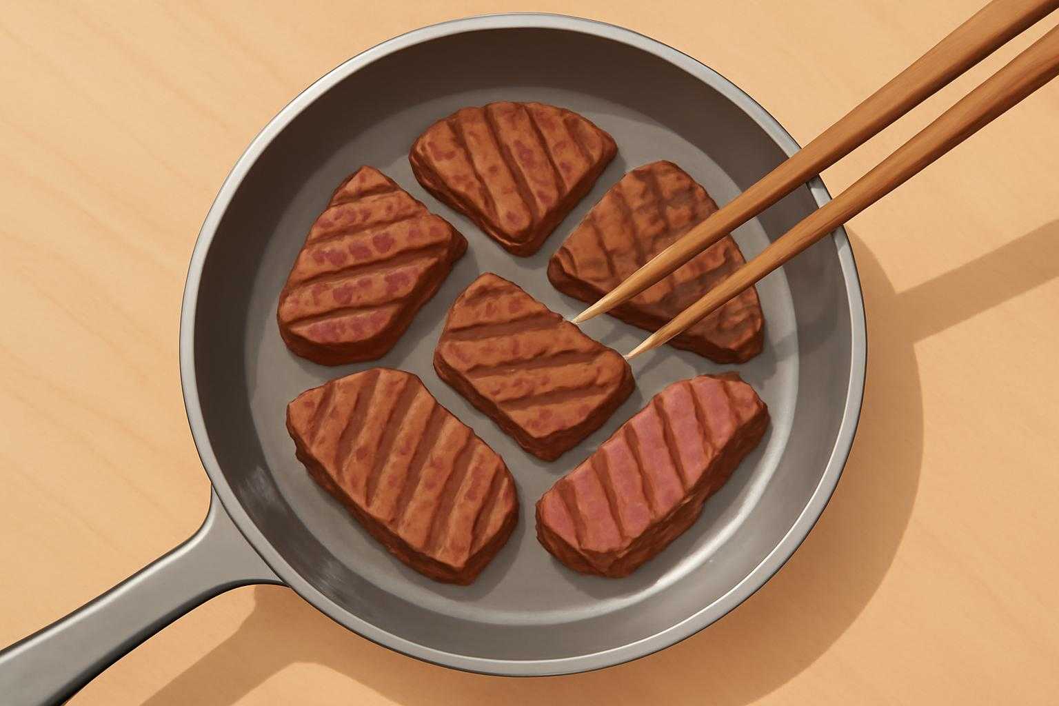 フライパンに肉を並べ、箸で返そうとしている様子