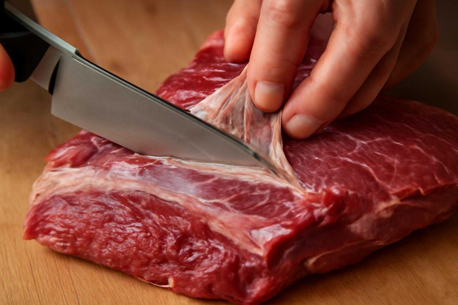 牛肉のミスジの表面の筋を包丁で削ぎ取っている調理風景