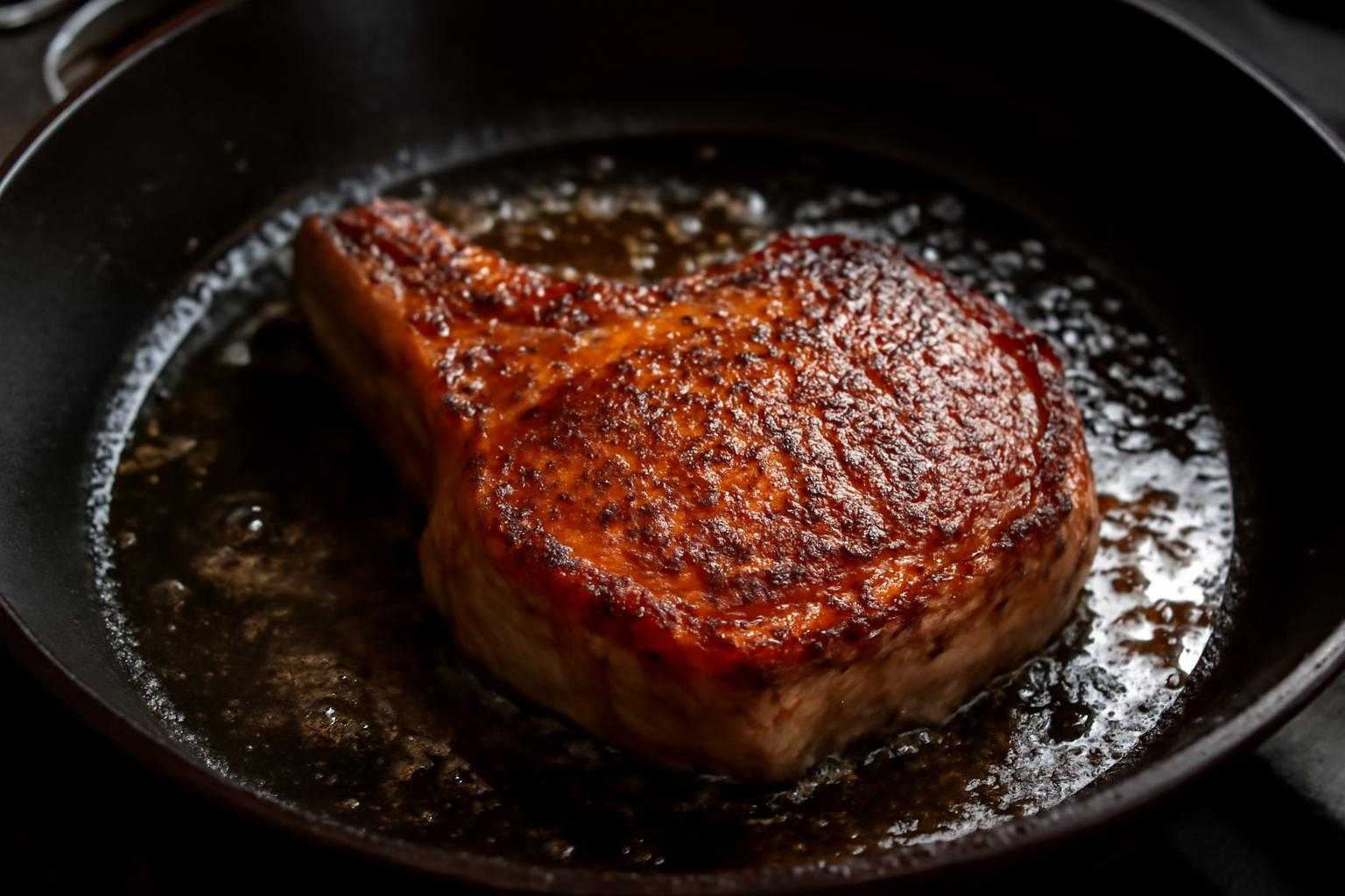 フライパンで美しく焼かれたランプ肉のステーキ
