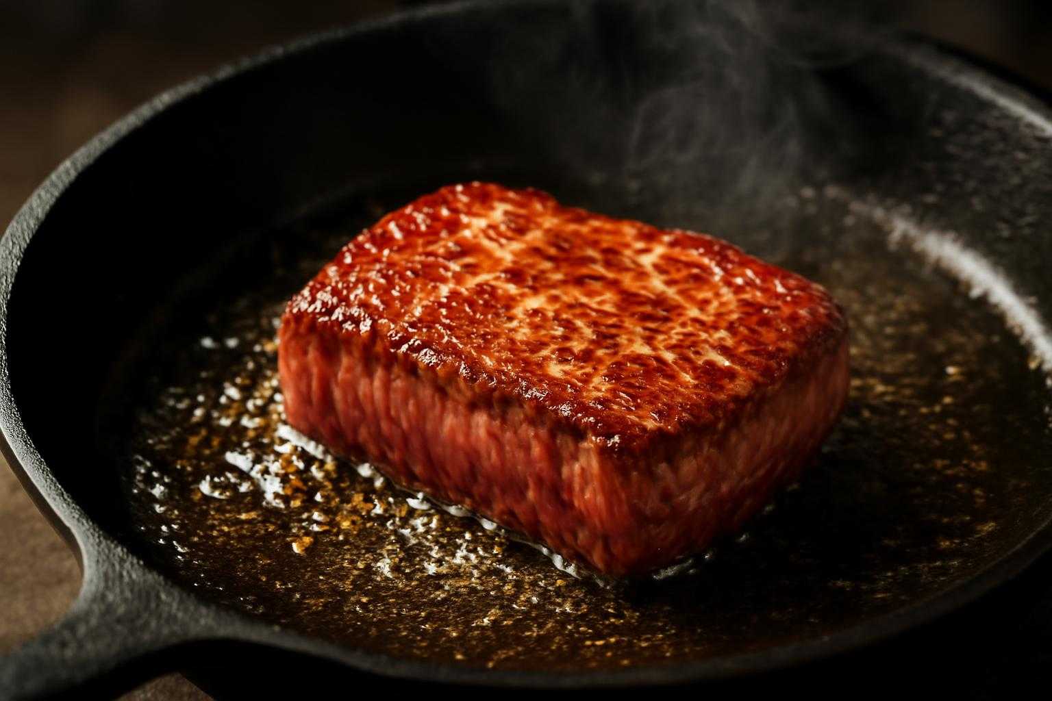 フライパンで牛肉を焼いている様子、油が輝く調理シーン