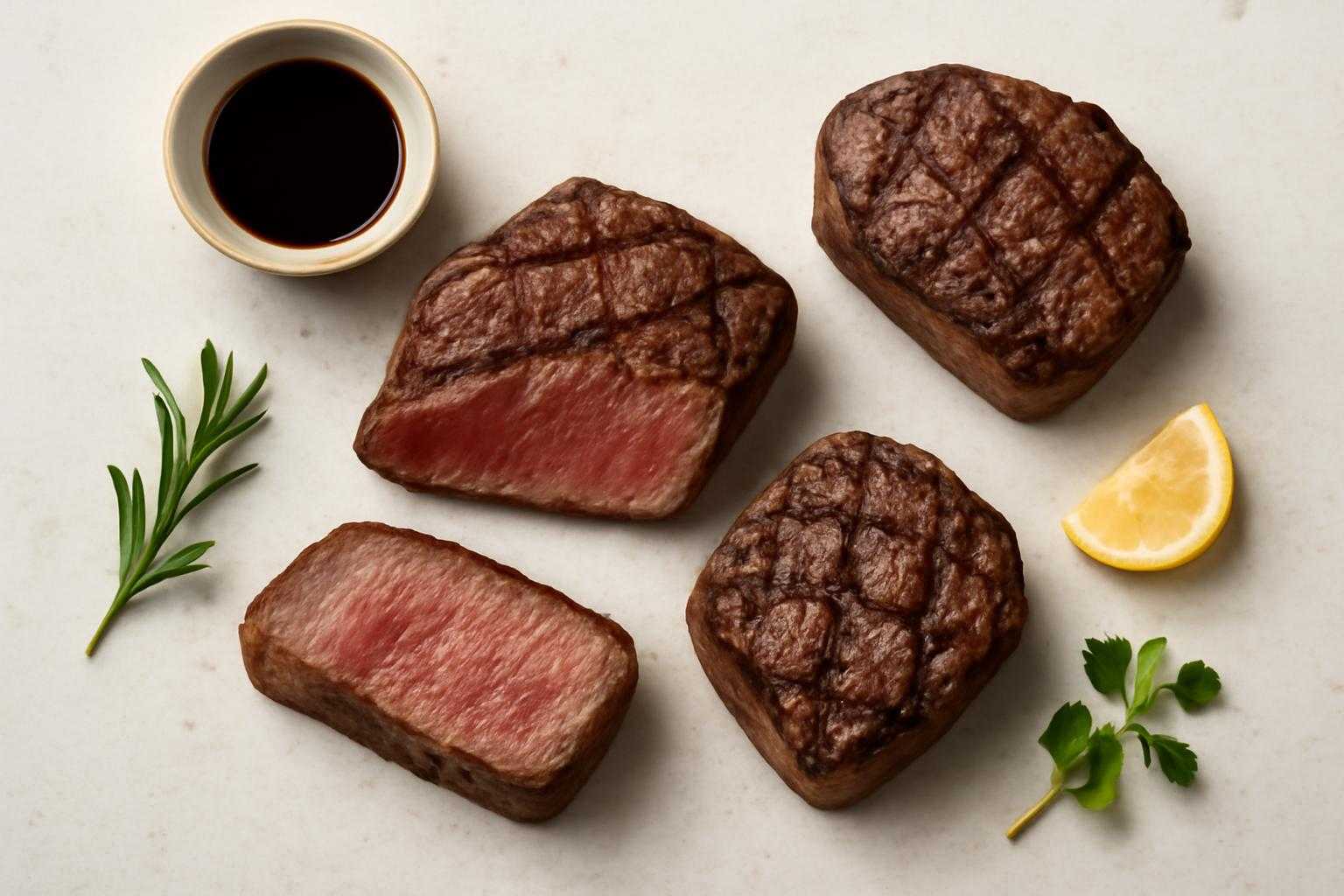 焼き方の異なるザブトンステーキと付け合わせの盛り付け例