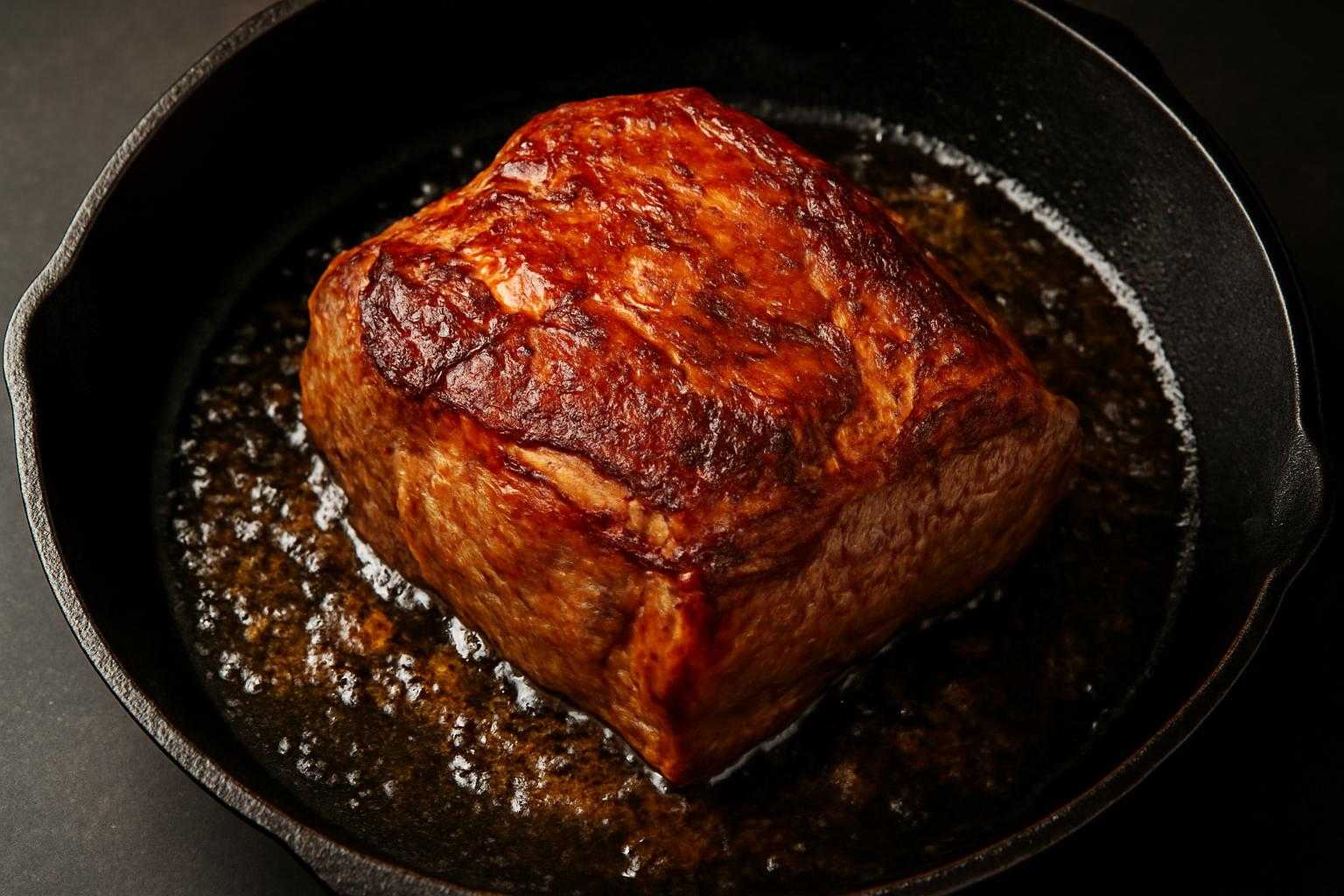 フライパンで豚肩ロース肉を焼いている調理風景