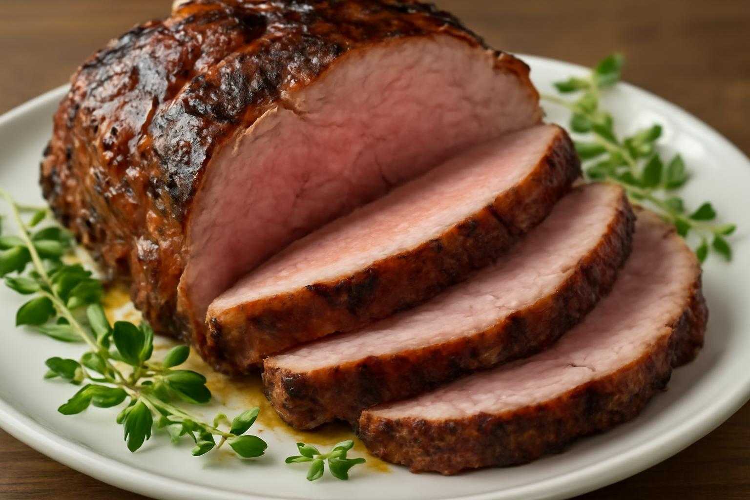 焼き上がった豚肩ロース肉をカットして、ジューシーな断面を見せている